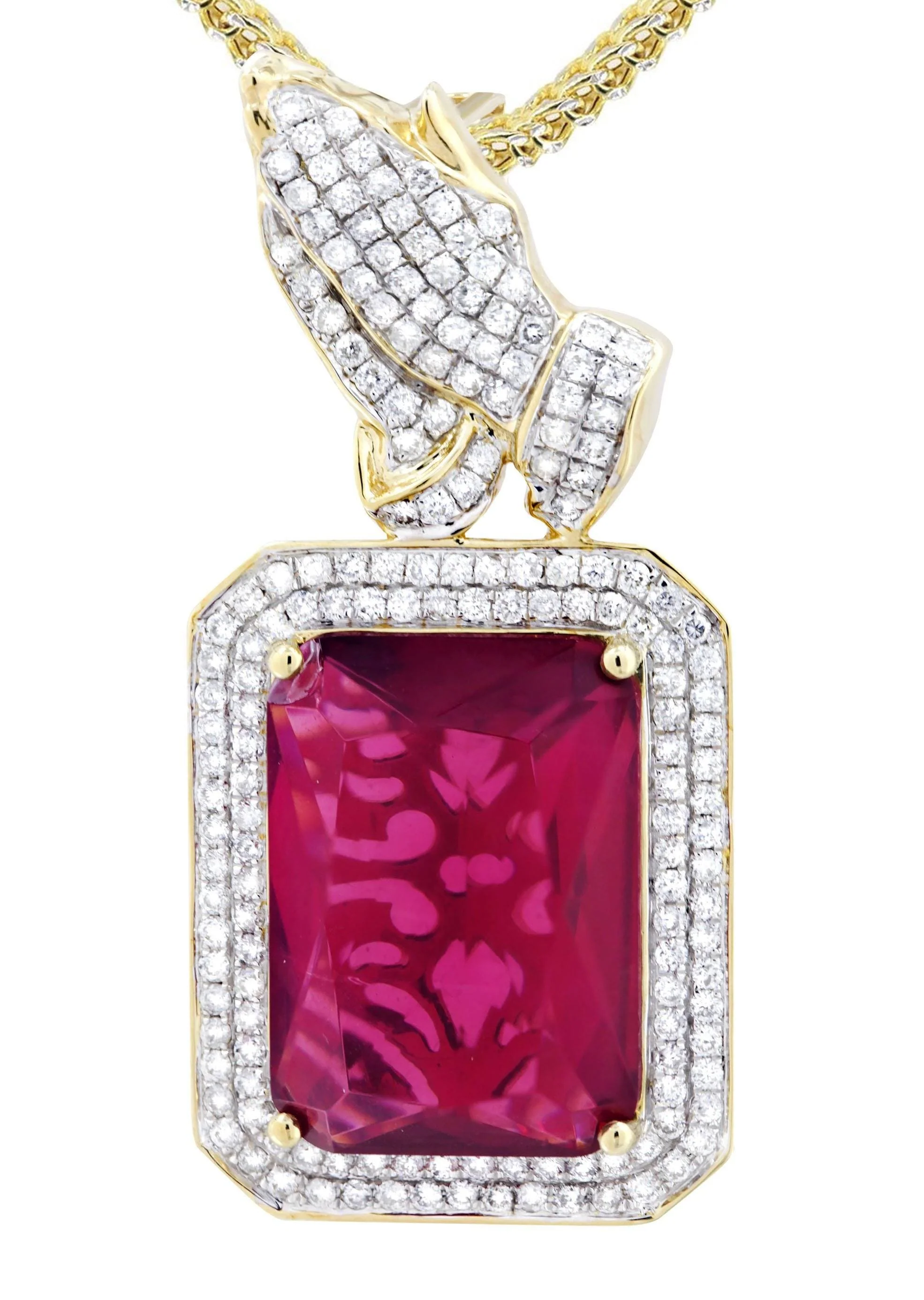 14K Yellow Gold Ruby Praying Hands Diamond Necklace  | 2.91 Carats - Image 2