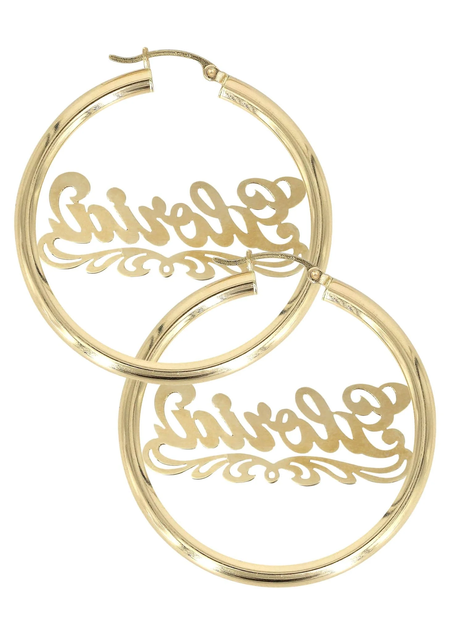 14K Ladies Diamond Cut Name Plate Hoop Earrings - Image 2