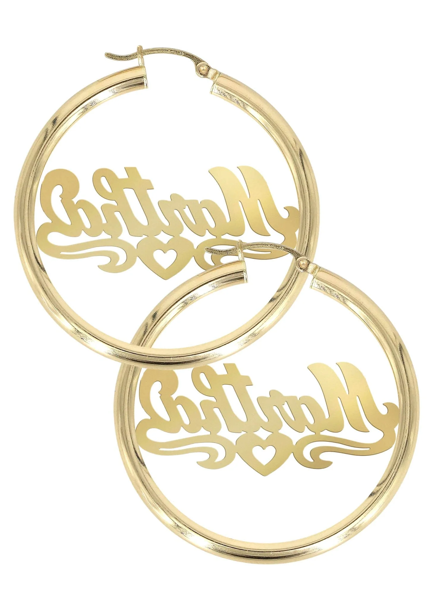 14K Ladies Diamond Cut Heart Name Plate Hoop Earrings - Image 2
