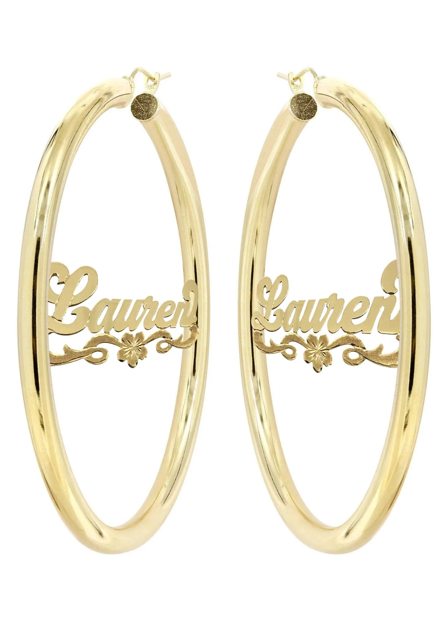 14K Ladies Diamond Cut Name Plate Hoop Earrings - Image 3
