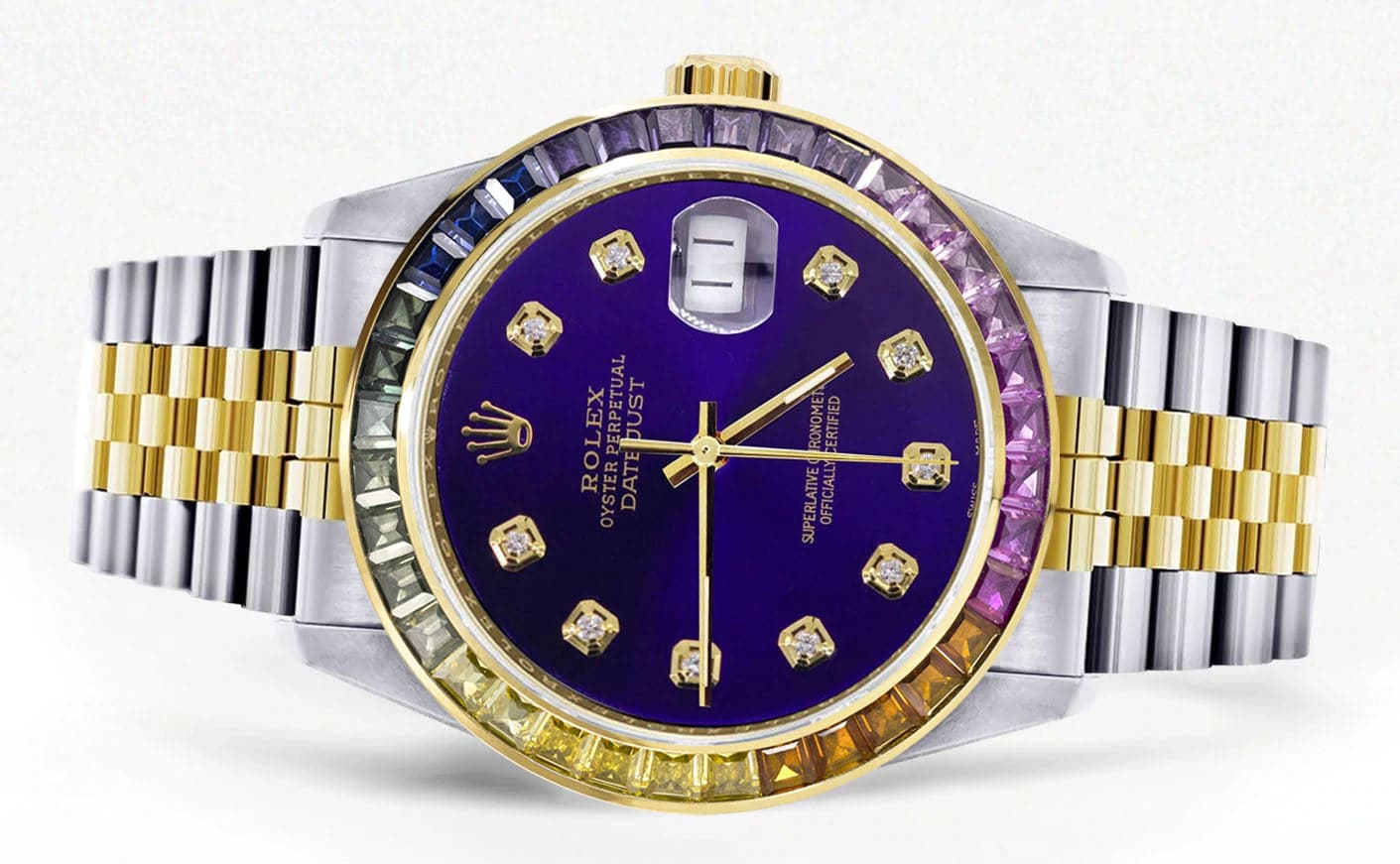 Diamond Gold Rolex Watch For Men 16233 | 36Mm | Rainbow Sapphire Bezel | Royal Blue Dial | Jubilee Band - Image 2