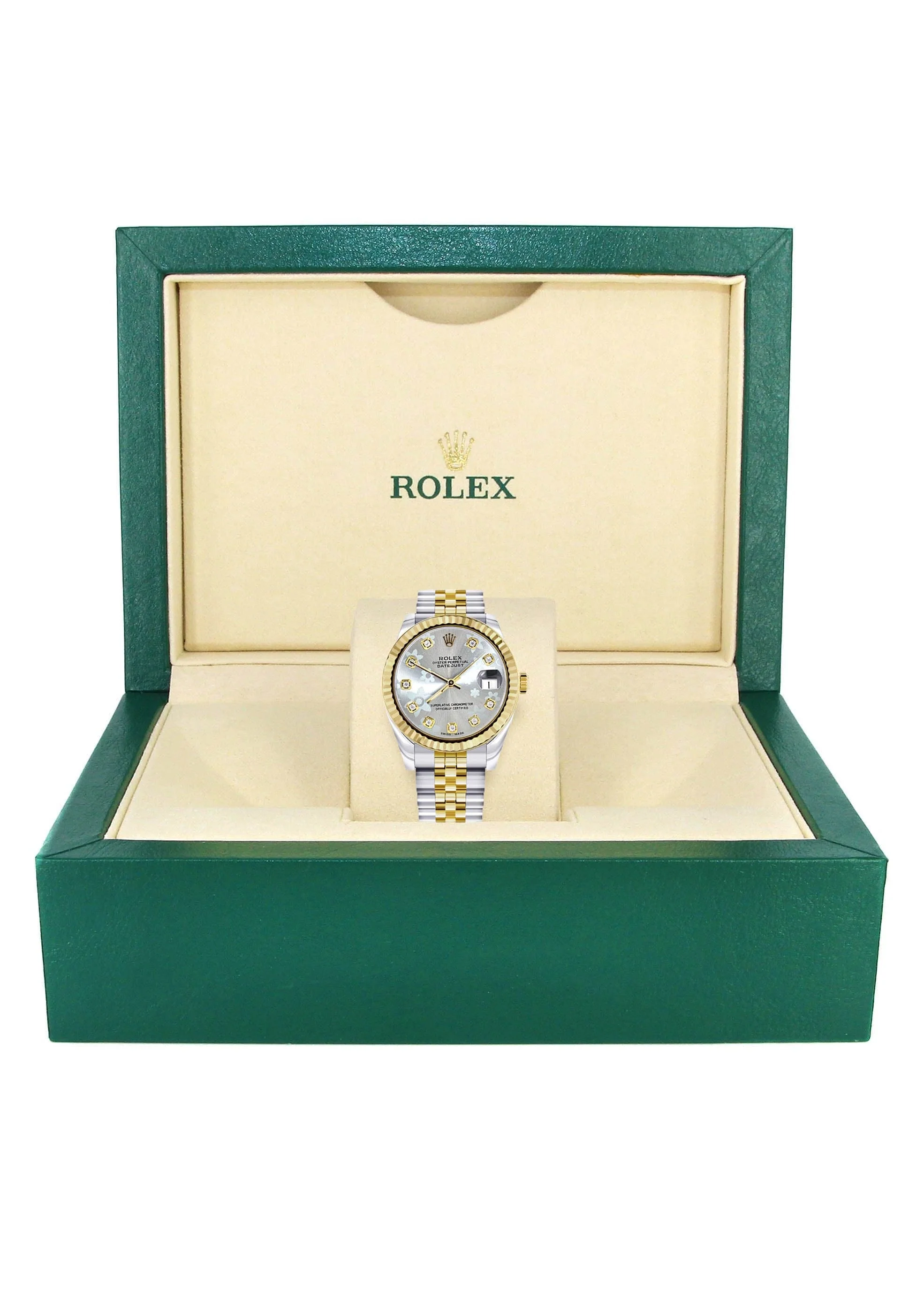 Diamond Gold Rolex Watch | 68273 | Fluted Bezel | 31MM | Floral Diamond Dial | Jubilee Band - Image 3