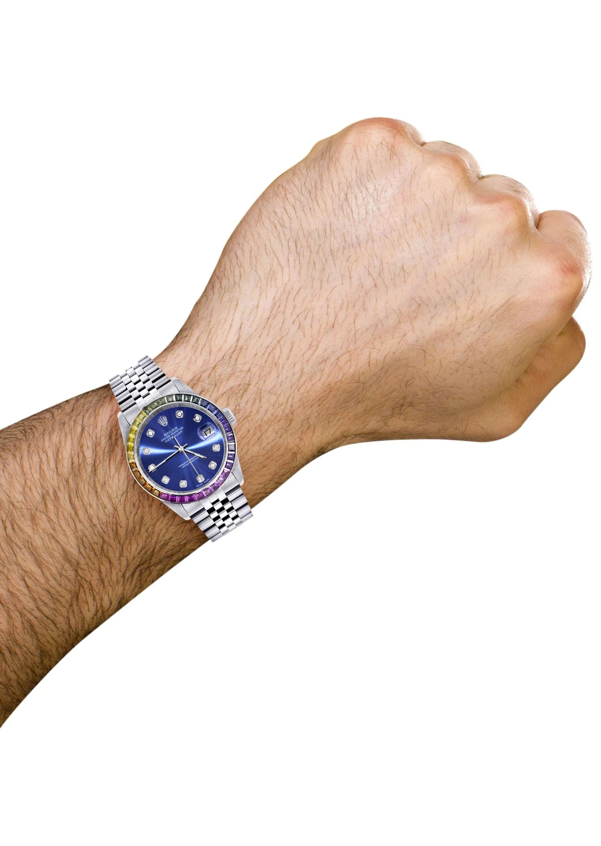 Diamond Gold Rolex Watch For Men 16200 | 36Mm | Rainbow Sapphire Bezel | Blue Dial | Jubilee Band - Image 3