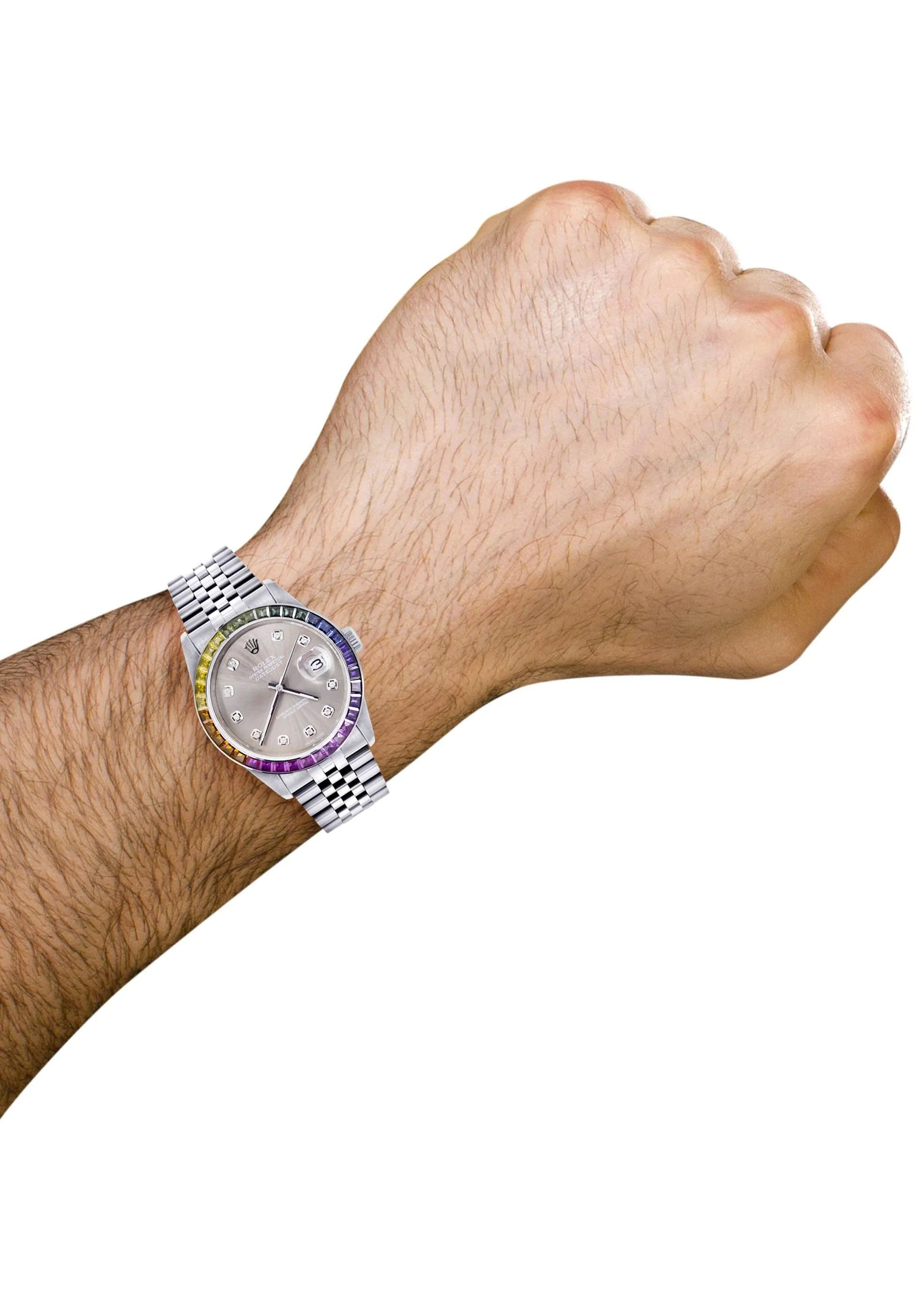 Diamond Gold Rolex Watch For Men 16200 | 36Mm | Rainbow Sapphire Bezel | Grey Dial | Jubilee Band - Image 3