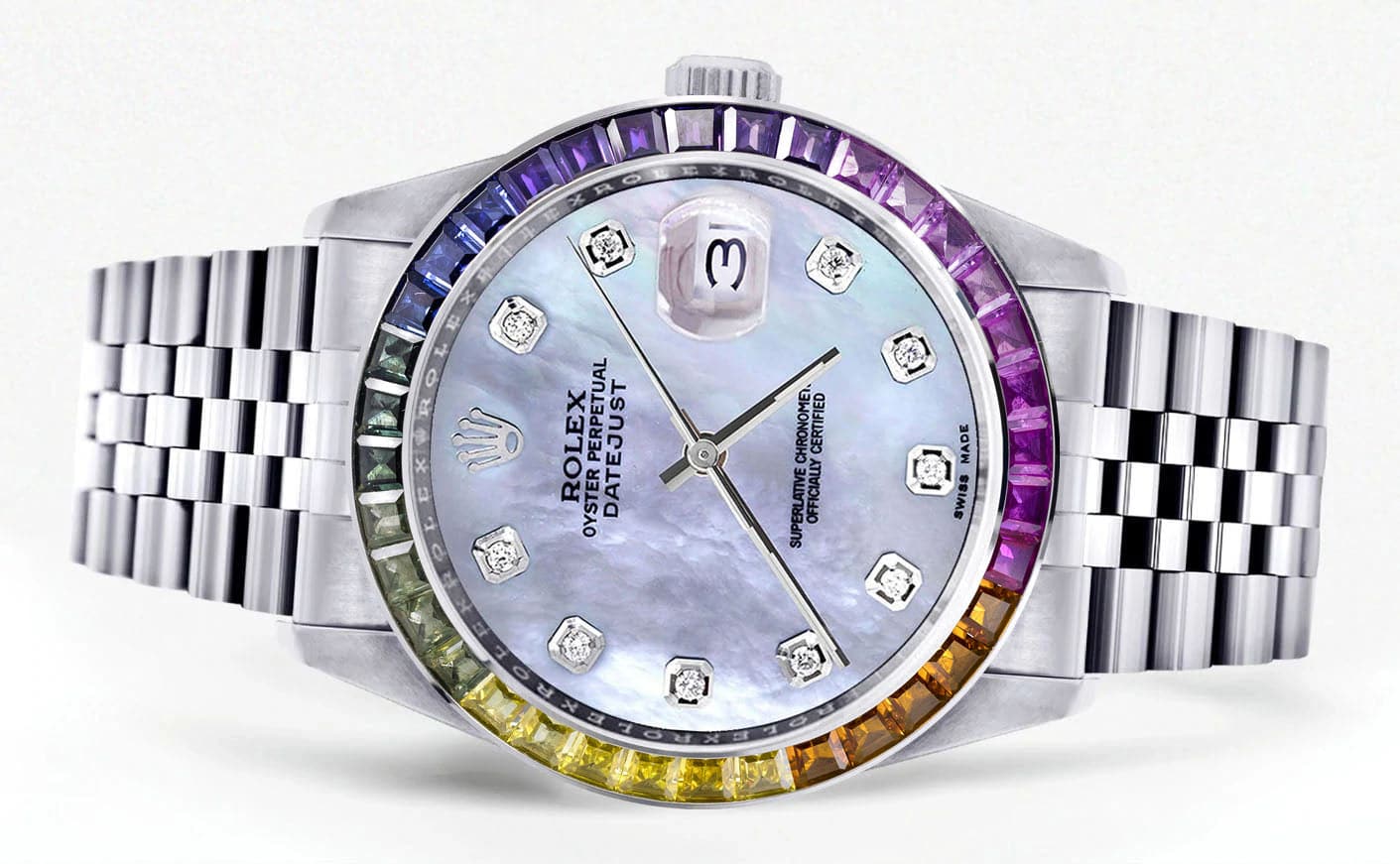 Diamond Gold Rolex Watch For Men 16200 | 36Mm | Rainbow Sapphire Bezel | Blue Mother Of Pearl Dial | Jubilee Band - Image 2