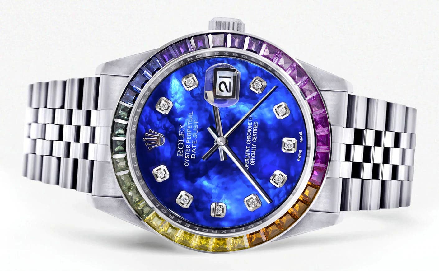 Diamond Gold Rolex Watch For Men 16200 | 36Mm | Rainbow Sapphire Bezel | Blue Mother Of Pearl Dial | Jubilee Band - Image 2