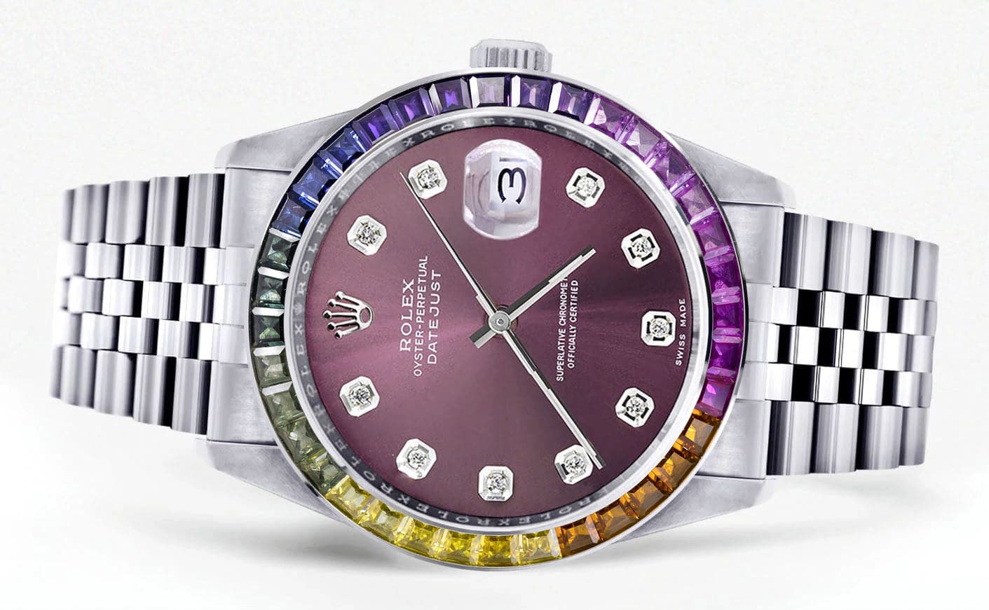 Diamond Gold Rolex Watch For Men 16200 | 36Mm | Rainbow Sapphire Bezel | Purple Dial | Jubilee Band - Image 2