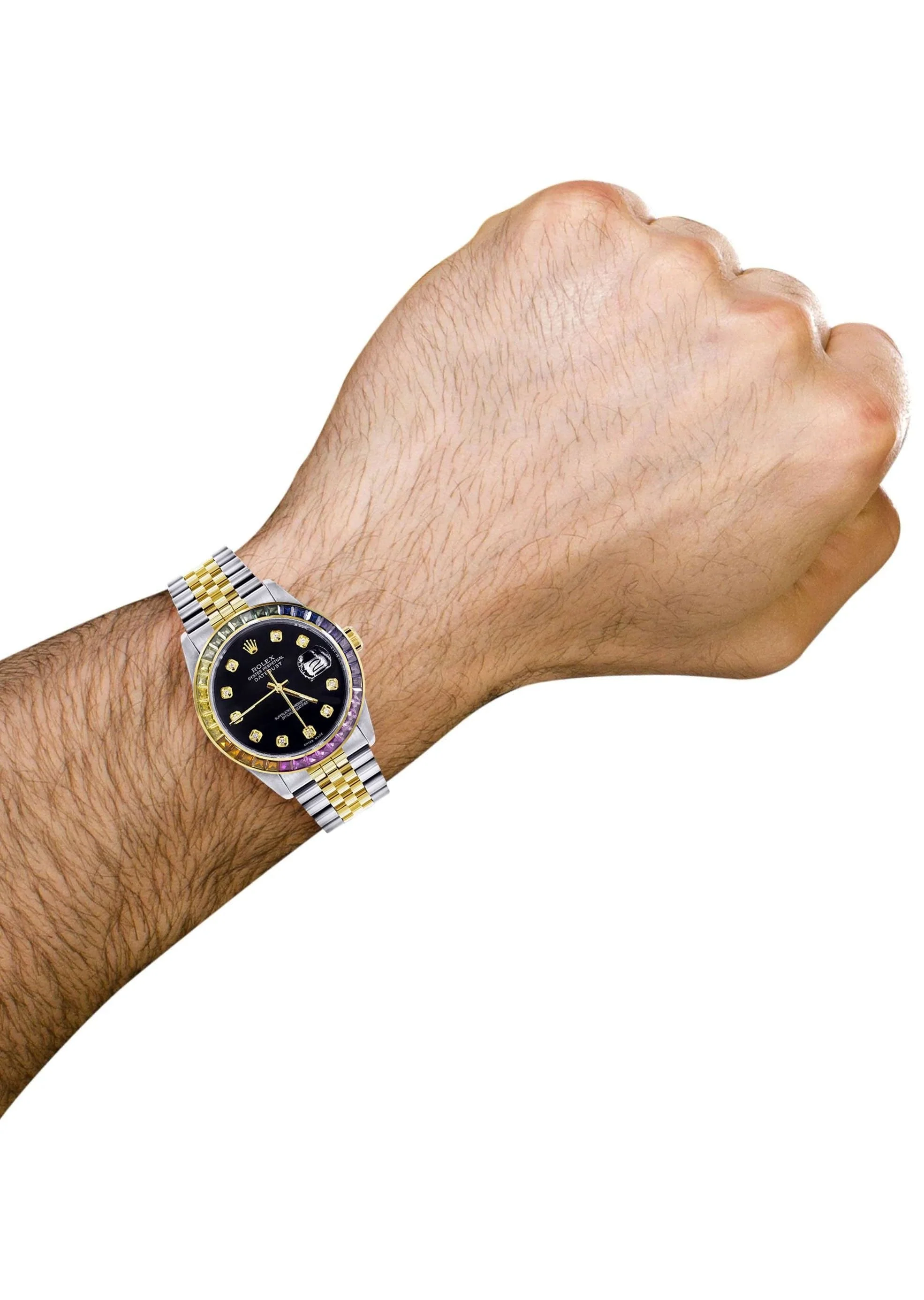 Diamond Gold Rolex Watch For Men 16233 | 36Mm | Rainbow Sapphire Bezel | Black Dial | Jubilee Band - Image 3
