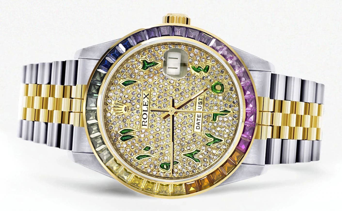 Diamond Gold Rolex Watch For Men 16233 | 36Mm | Rainbow Sapphire Bezel | Iced Out Green Arabic Numeral Dial | Jubilee Band - Image 2