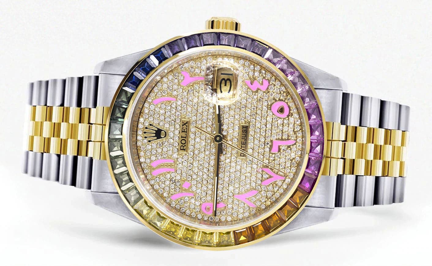 Diamond Gold Rolex Watch For Men 16233 | 36Mm | Rainbow Sapphire Bezel | Iced Out Pink Arabic Numeral Dial | Jubilee Band - Image 2