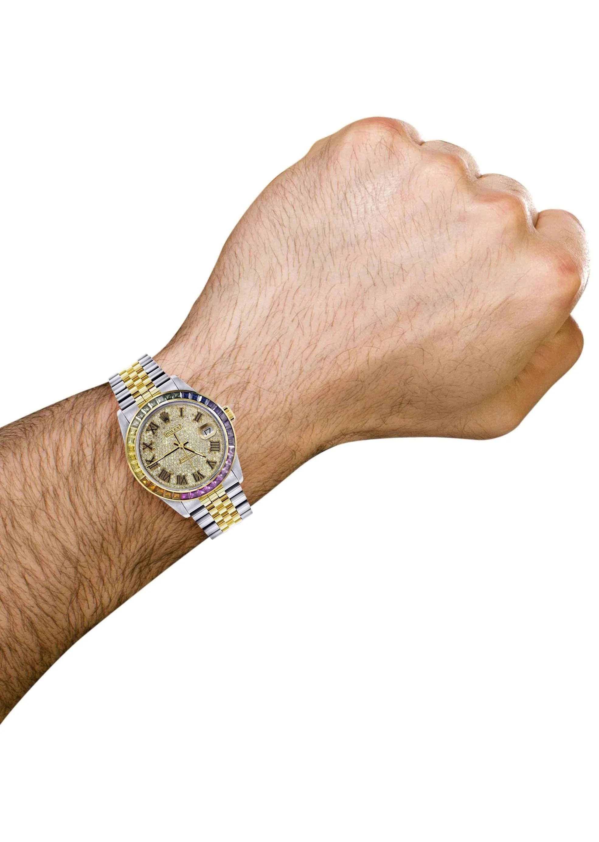 Diamond Gold Rolex Watch For Men 16233 | 36Mm | Rainbow Sapphire Bezel | Full Diamond Roman Numeral | Jubilee Band - Image 3