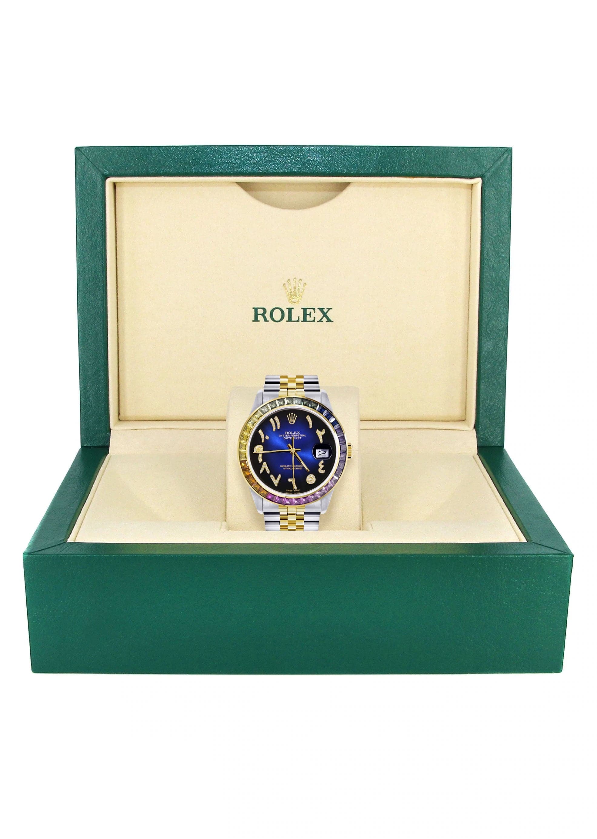 Diamond Gold Rolex Watch For Men 16233 | 36Mm | Rainbow Sapphire Bezel | Diamond Blue Black Arabic Numeral Dial | Jubilee Band - Image 4