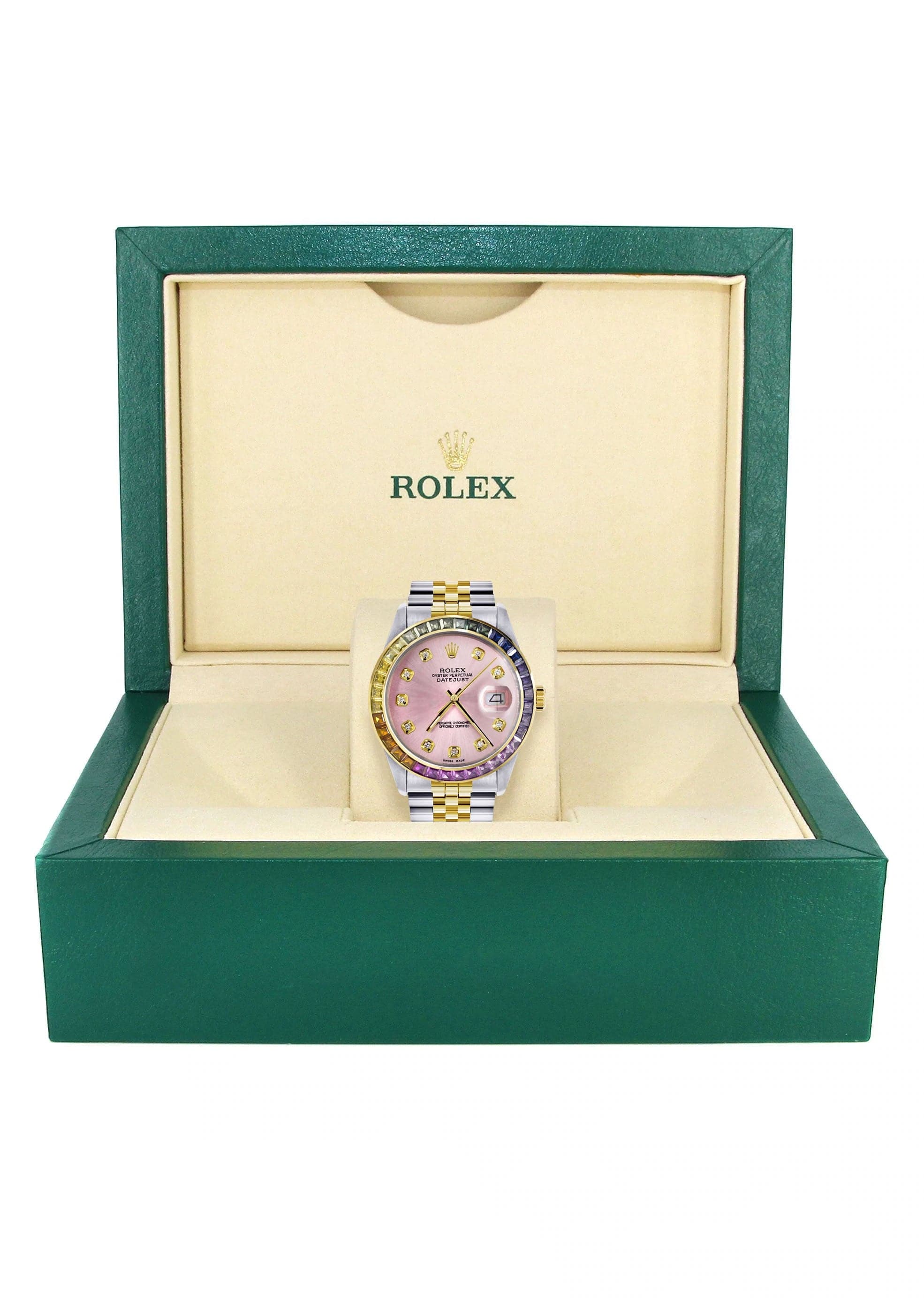 Diamond Gold Rolex Watch For Men 16233 | 36Mm | Rainbow Sapphire Bezel | Pink Dial | Jubilee Band - Image 4