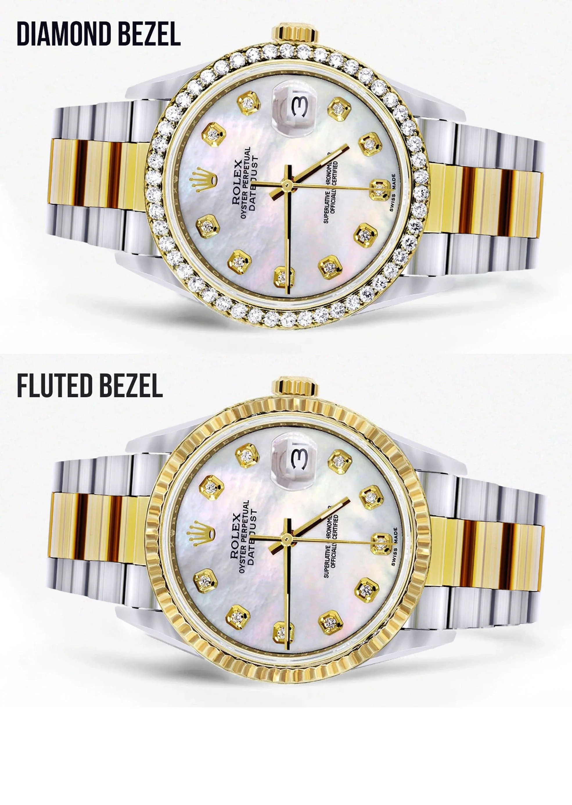Diamond Gold Rolex Watch For Men 16233 | 36Mm | White Mother Of Pearl  | Oyster Band - Image 2