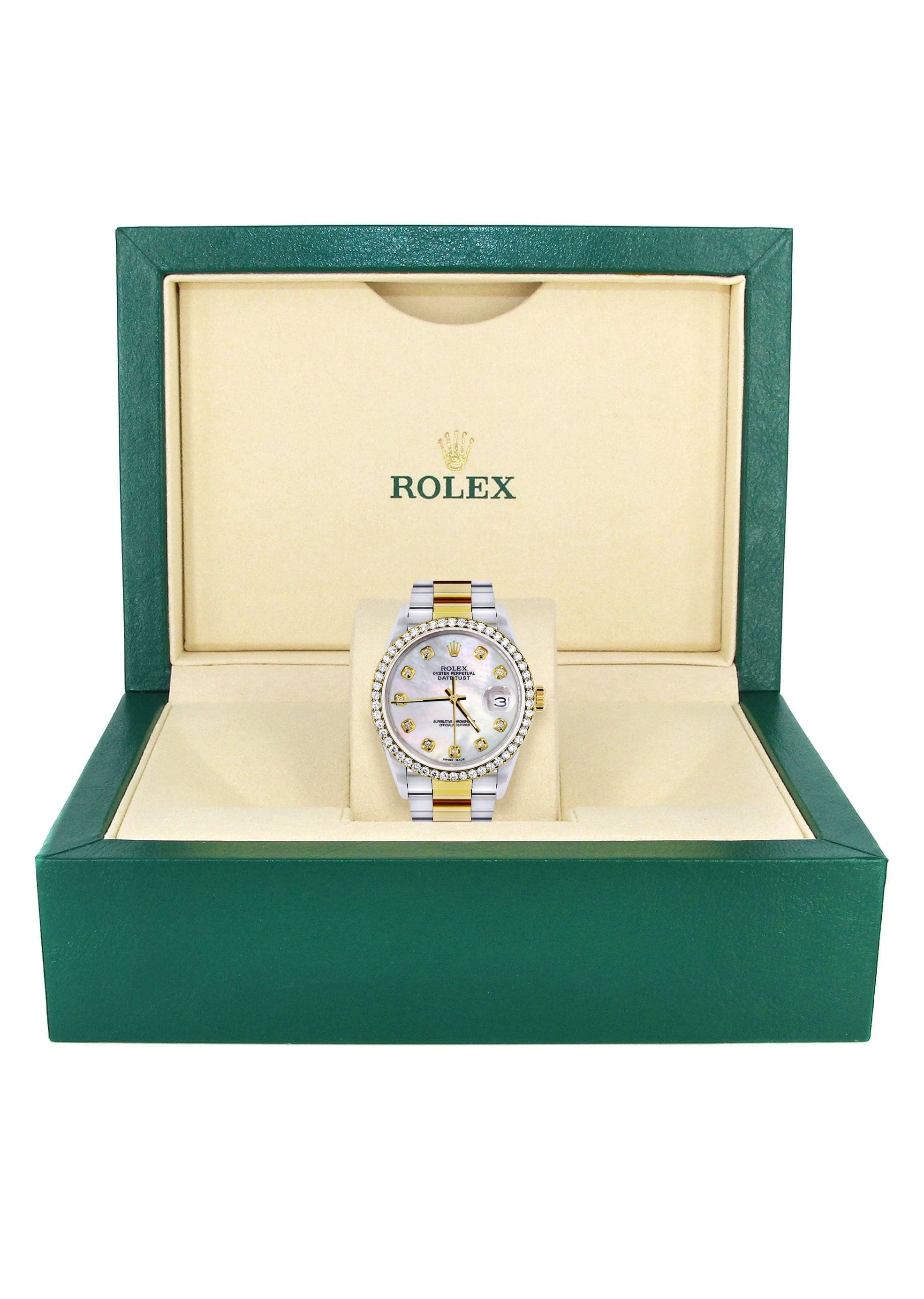 Diamond Gold Rolex Watch For Men 16233 | 36Mm | White Mother Of Pearl  | Oyster Band - Image 7