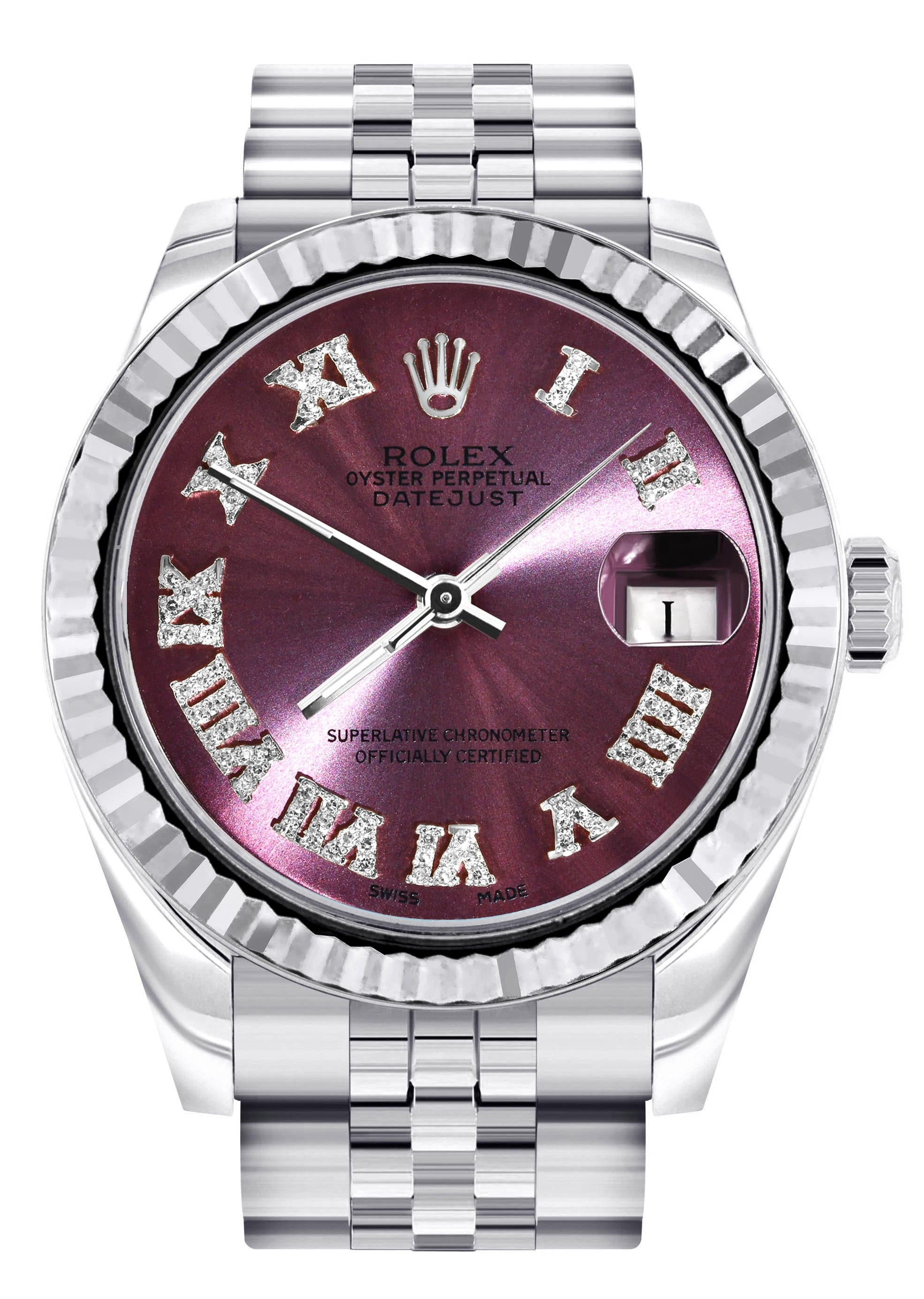 Diamond Rolex Watch | 68274 | Fluted Bezel | 31MM | Purple Roman Numeral Diamond Dial | Jubilee Band