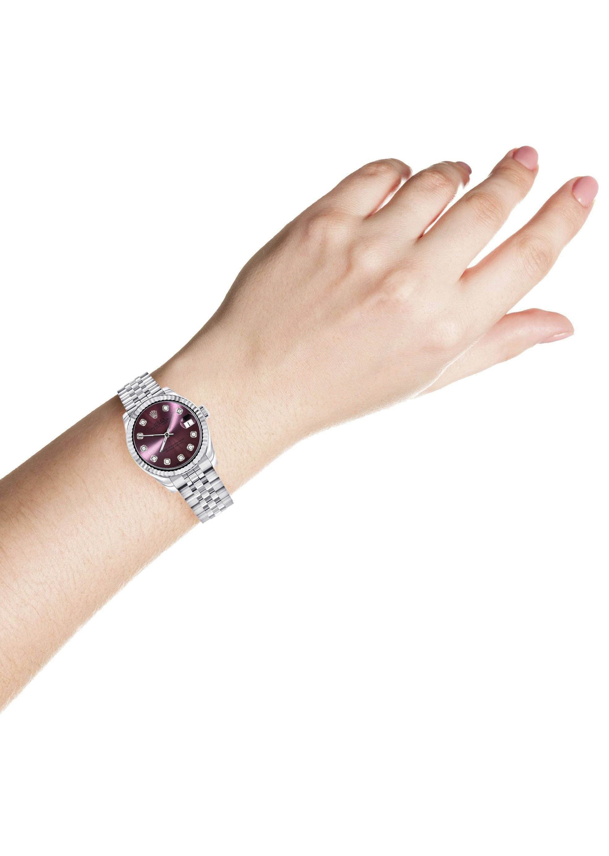 Diamond Rolex Watch | 68274 | Fluted Bezel | 31MM | Purple Diamond Dial | Jubilee Band - Image 4