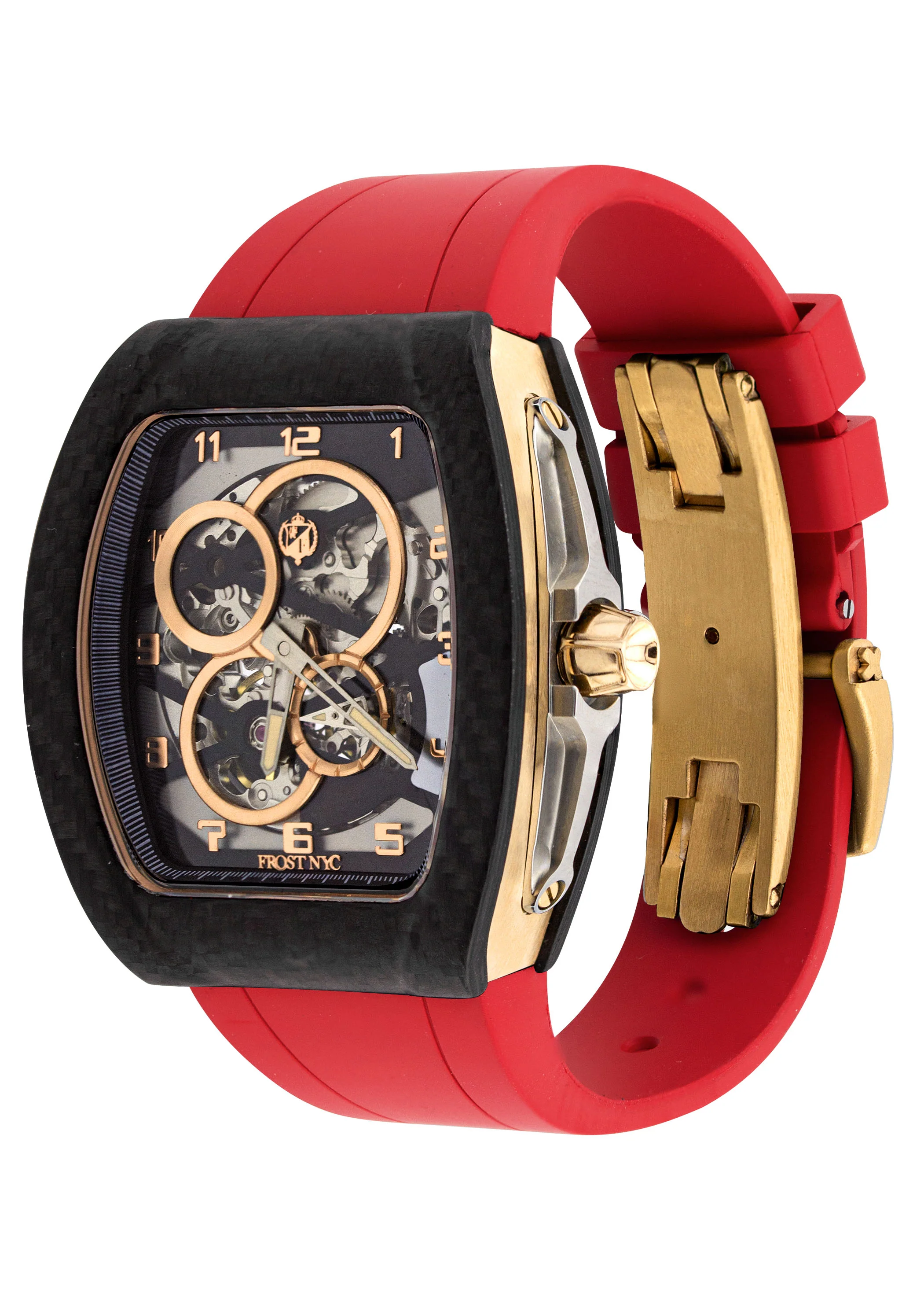 Frost NYC Mens Watch - Automatic Skeleton Carbon Fiber Sport Gold Watch | FRST-01-CFY| Red - Image 4