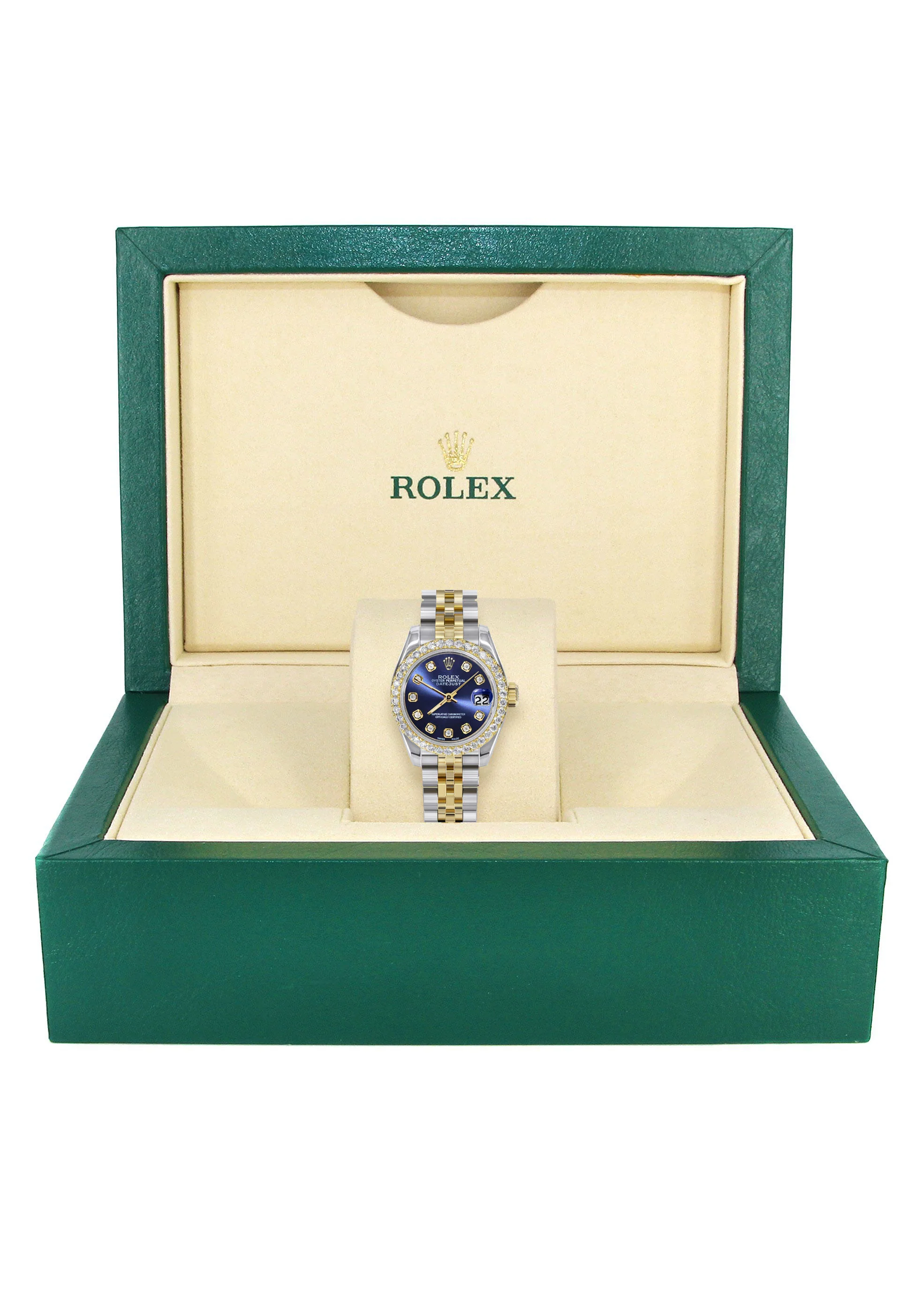 Womens Diamond Gold Hidden Clasp Rolex Watch | 1 Carat Bezel | 26Mm | Blue Dial | Jubilee Band | Model 179173 - Image 6