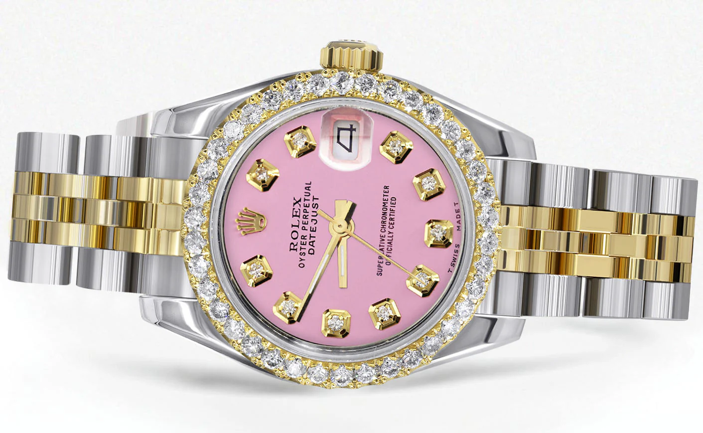 Womens Diamond Gold Hidden Clasp Rolex Watch | 1 Carat Bezel | 26Mm | Pink Dial | Jubilee Band | Model 179173 - Image 2