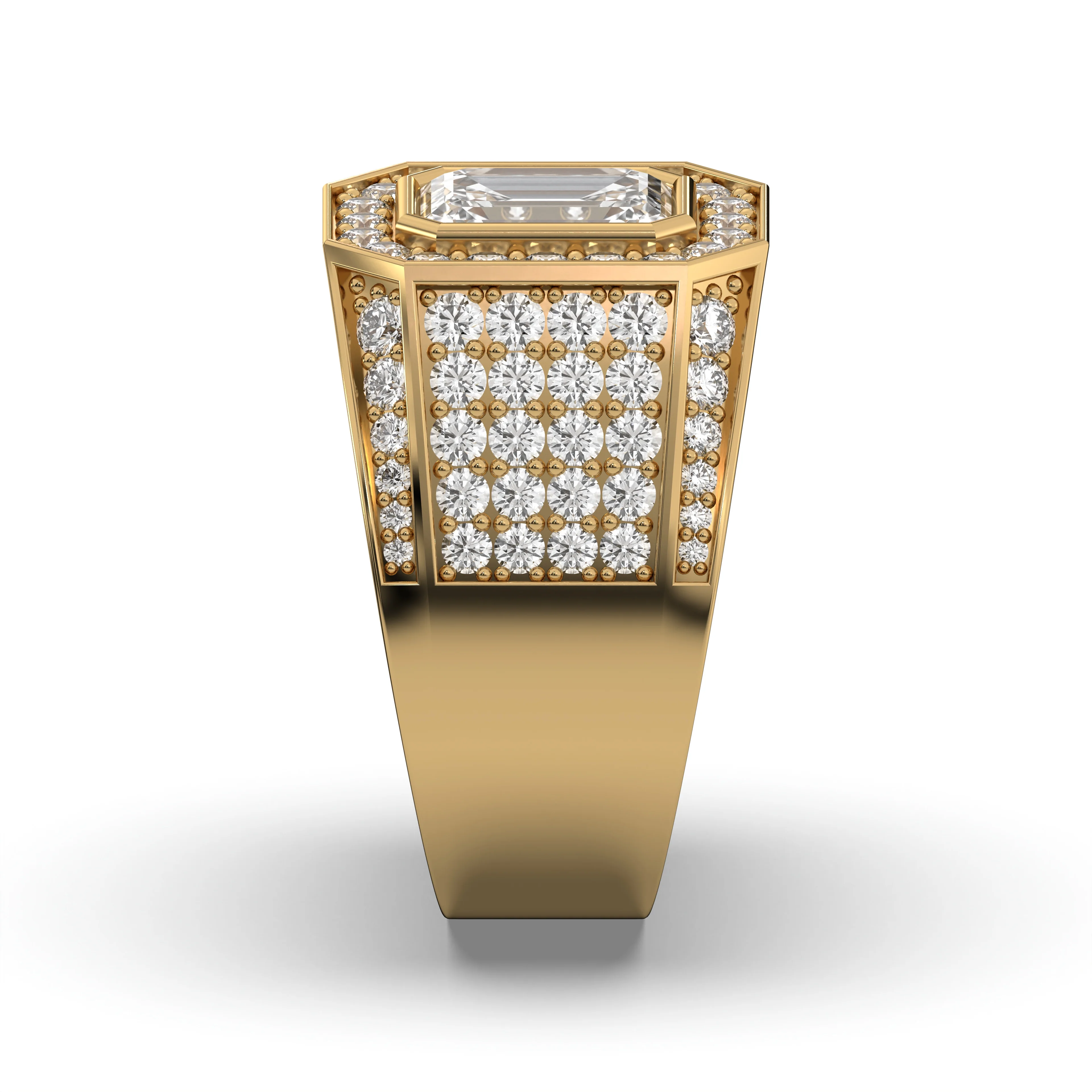 Men's Jewelry - Men's VVS Lab Diamond Ring | Emerald Cut and Round Halo | Yellow Gold - Image 3