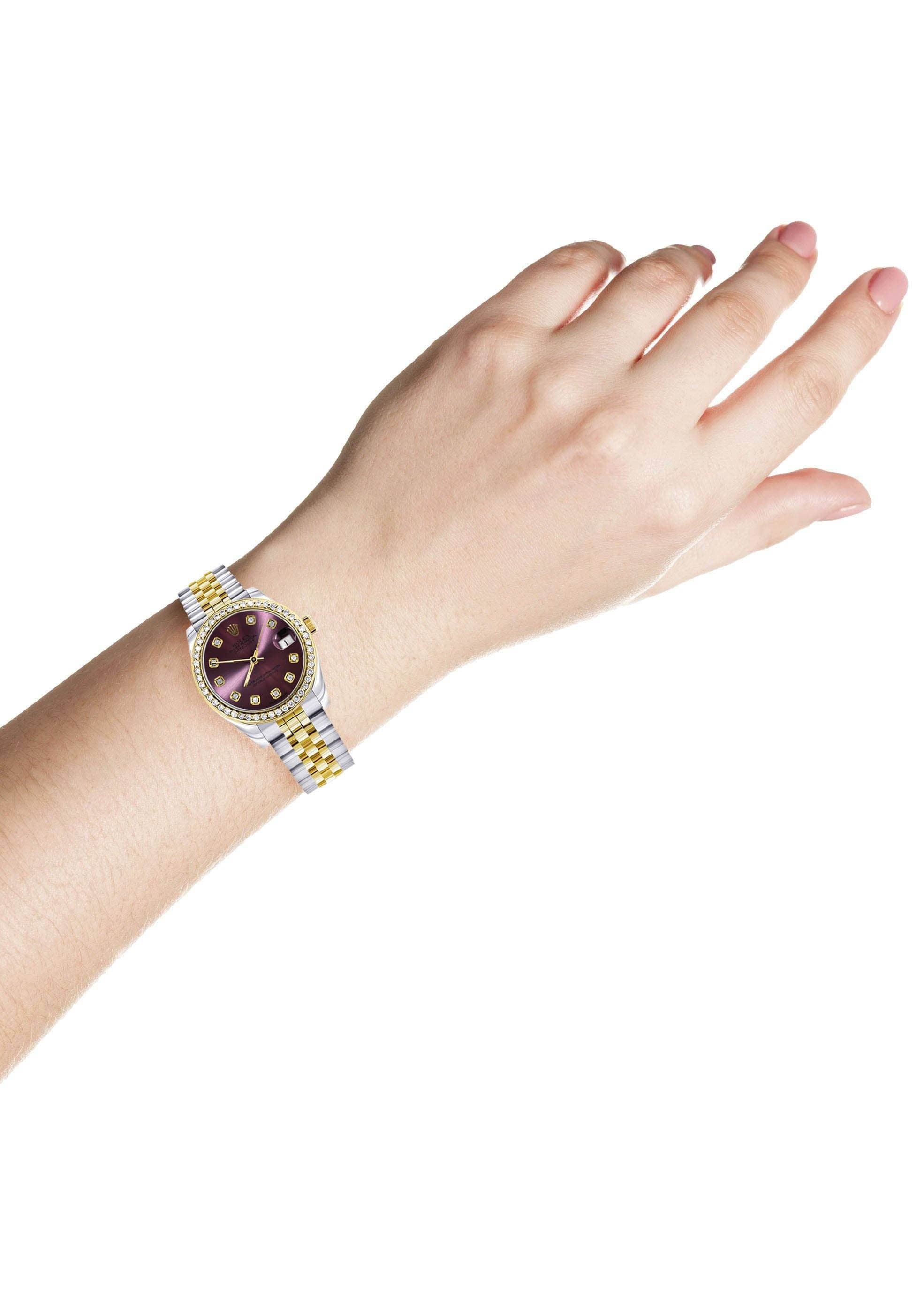Diamond Gold Rolex Watch | 68273 | Diamond Bezel | 31MM | Purple Diamond Dial | Jubilee Band - Image 3