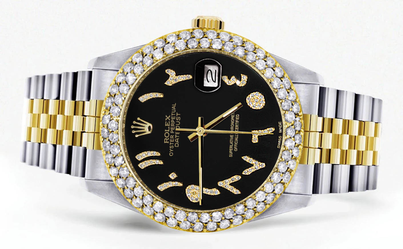 Diamond Gold Rolex Watch For Men 16233 | 36Mm | Black Arabic Diamond Dial | Two Row 4.25 Carat Bezel | Jubilee Band - Image 2