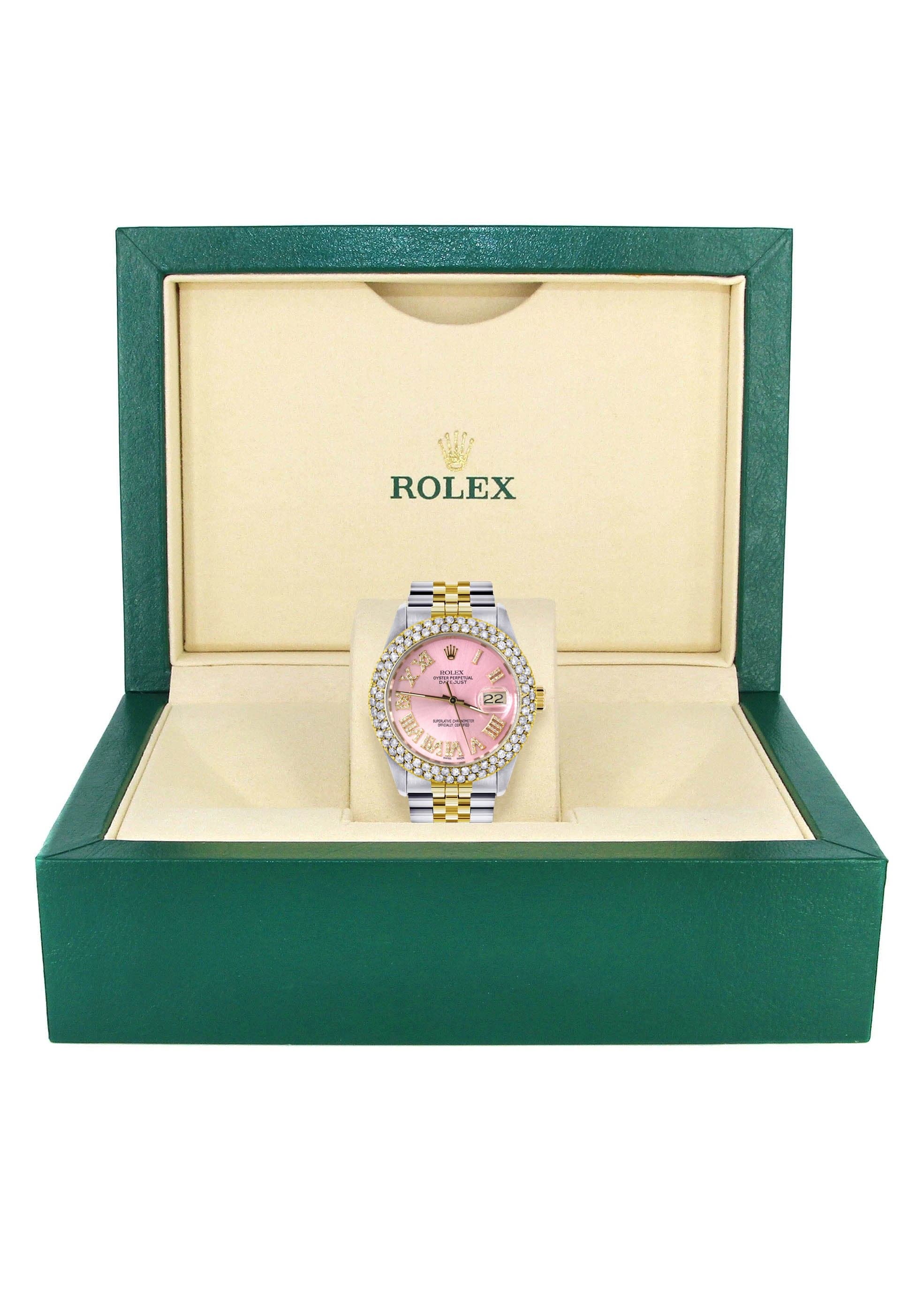 Diamond Gold Rolex Watch For Men 16233 | 36Mm | Pink Roman Numeral Dial | Two Row 4.25 Carat Bezel | Jubilee Band - Image 6