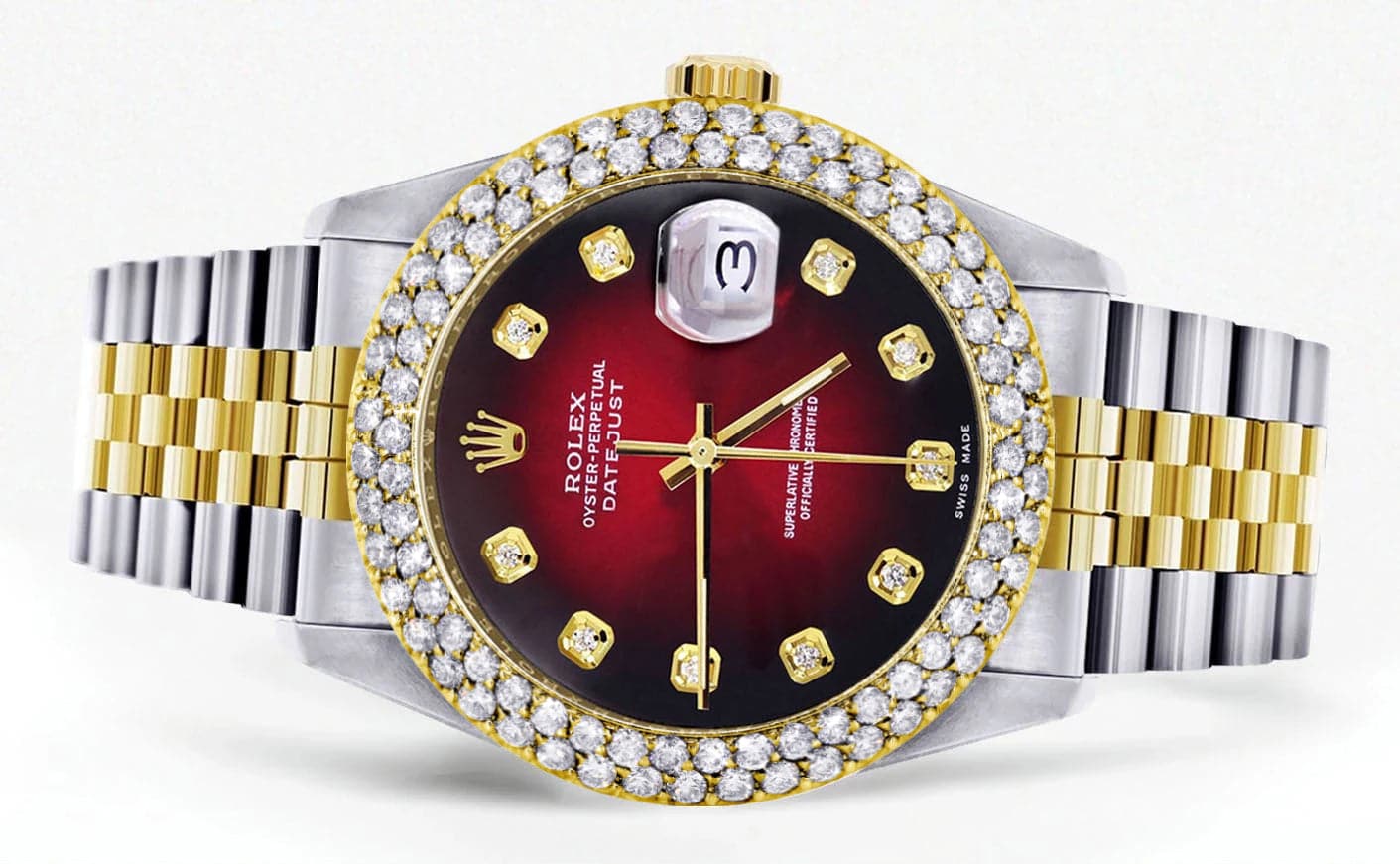 Diamond Gold Rolex Watch For Men 16233 | 36Mm | Custom Red Black Dial | Two Row 4.25 Carat Bezel | Jubilee Band - Image 2
