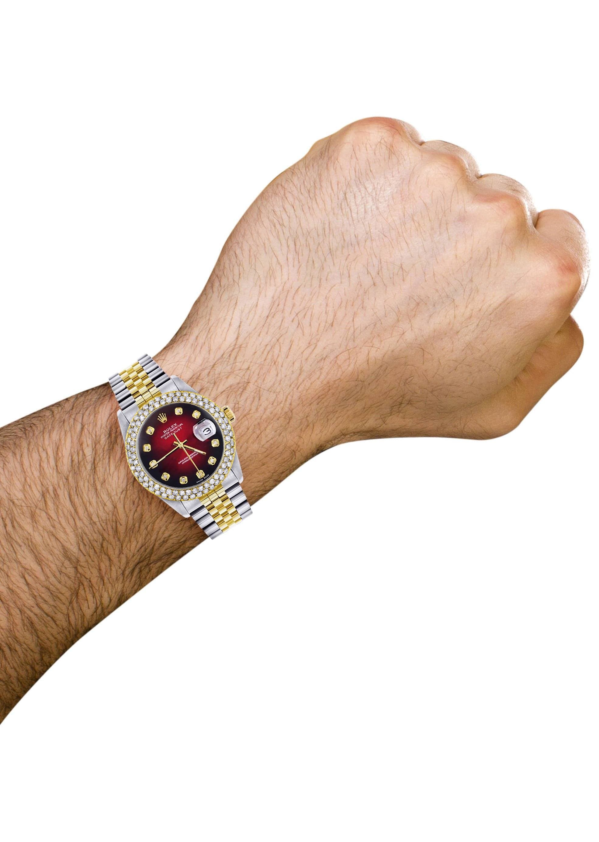 Diamond Gold Rolex Watch For Men 16233 | 36Mm | Custom Red Black Dial | Two Row 4.25 Carat Bezel | Jubilee Band - Image 5
