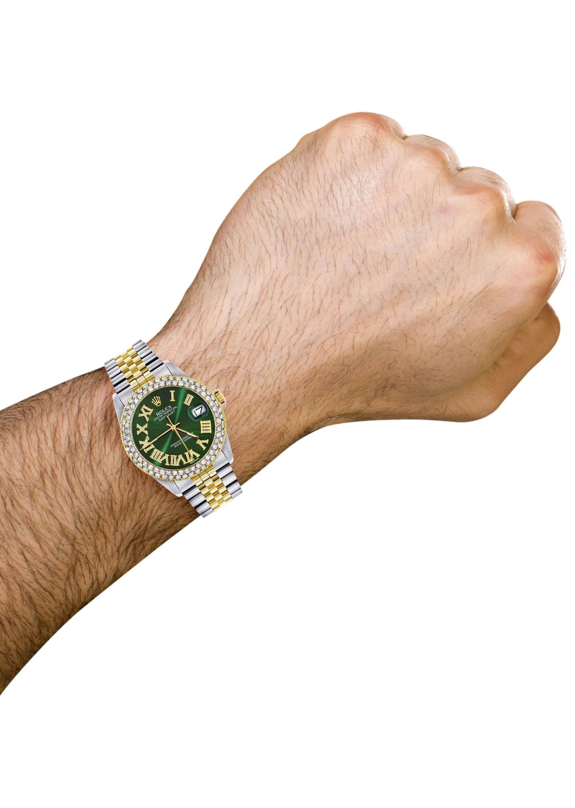 Diamond Gold Rolex Watch For Men 16233 | 36Mm | Green Roman Numeral Dial | Two Row 4.25 Carat Bezel | Jubilee Band - Image 5