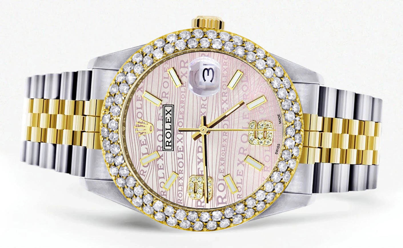 Diamond Gold Rolex Watch For Men 16233 | 36Mm | Pink Texture Dial | Two Row 4.25 Carat Bezel | Jubilee Band - Image 2