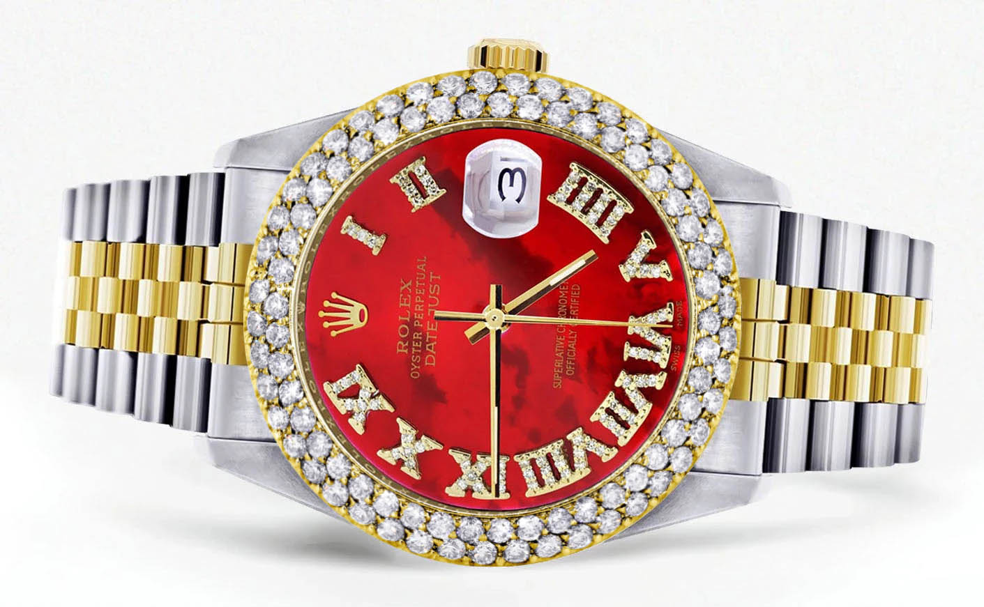Diamond Gold Rolex Watch For Men 16233 | 36Mm | Red Mother of Pearl Roman Numeral Dial | Two Row 4.25 Carat Bezel | Jubilee Band - Image 2