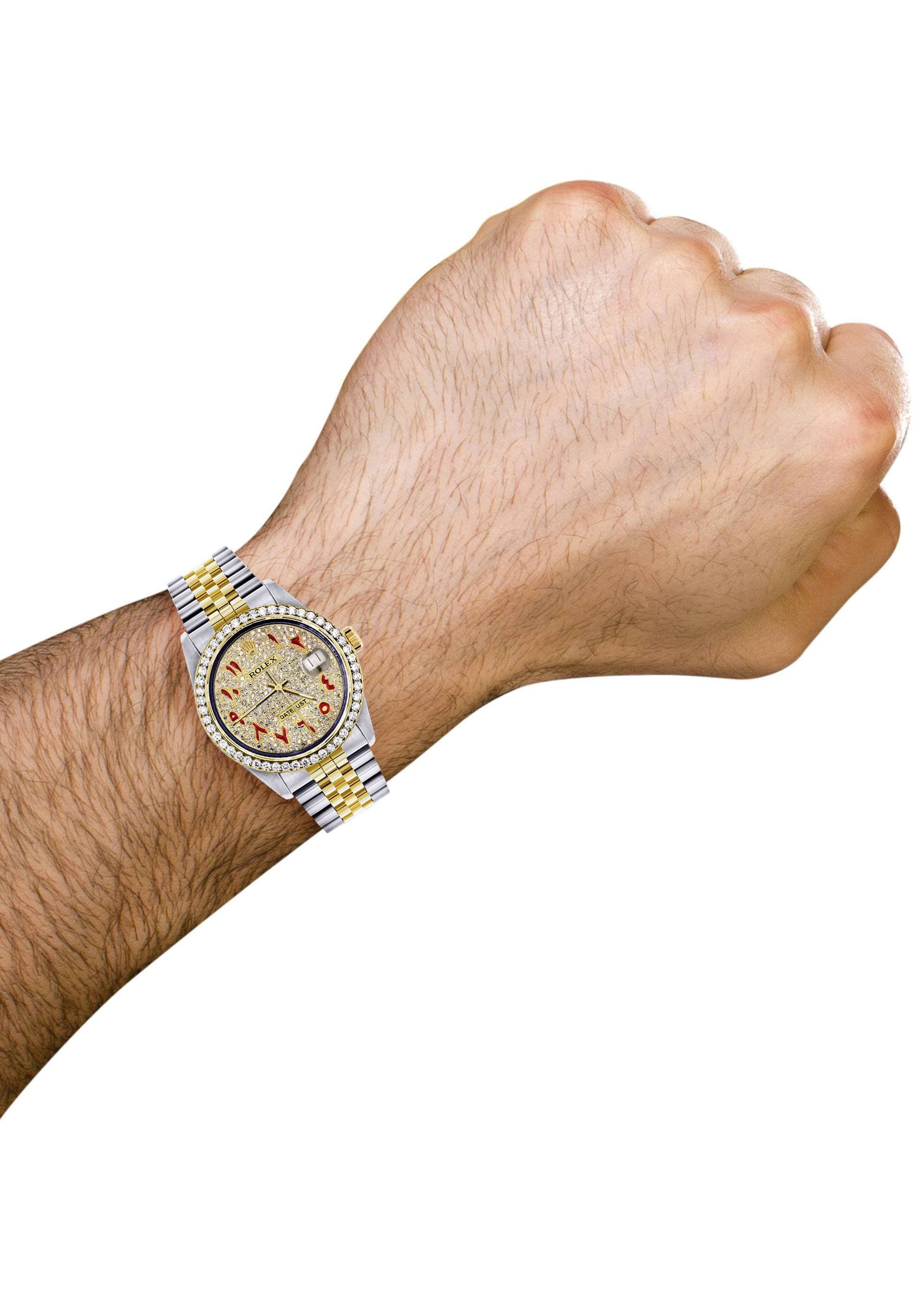 Diamond Gold Rolex Watch For Men 16233 | 36Mm | Custom Red Arabic Full Diamond Dial | Jubilee Band - Image 6