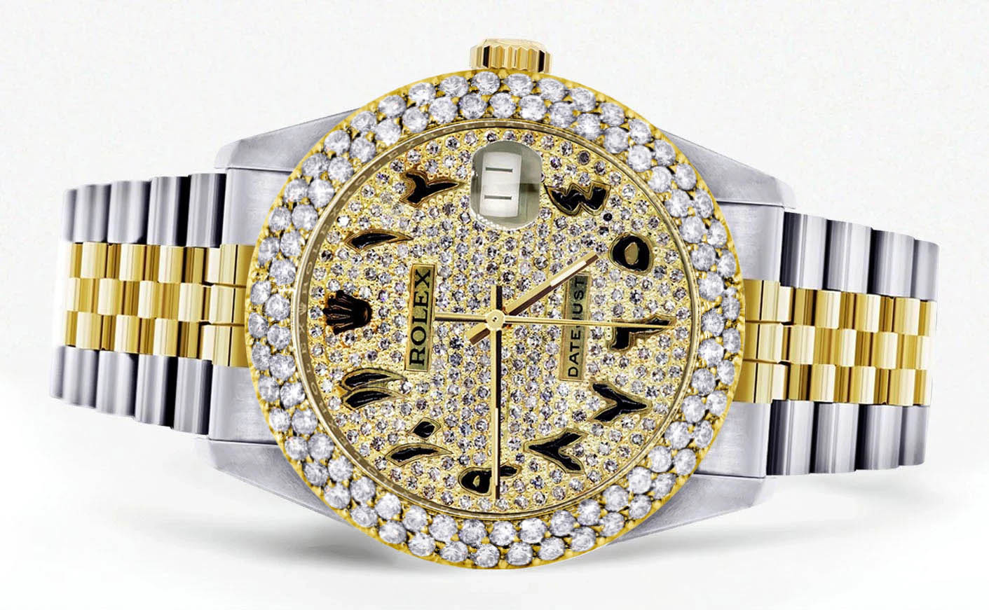 Diamond Gold Rolex Watch For Women 16233 | 36Mm | Black Arabic Full Diamond Dial | Two Row 4.25 Carat Bezel | Jubilee Band - Image 2