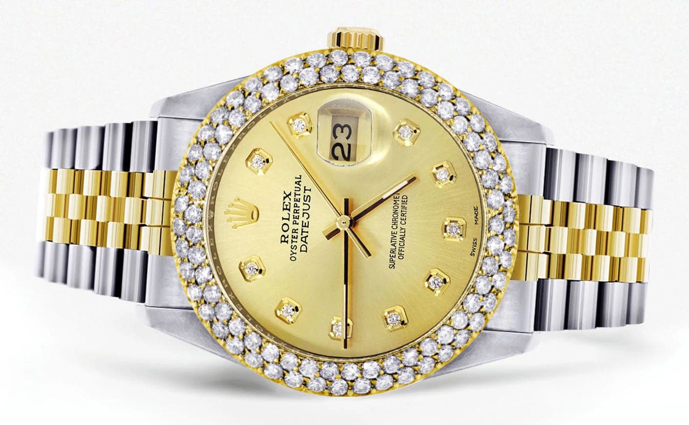 Diamond Gold Rolex Watch For Women 16233 | 36Mm | Custom Gold Dial | Two Row 4.25 Carat Bezel | Jubilee Band - Image 2