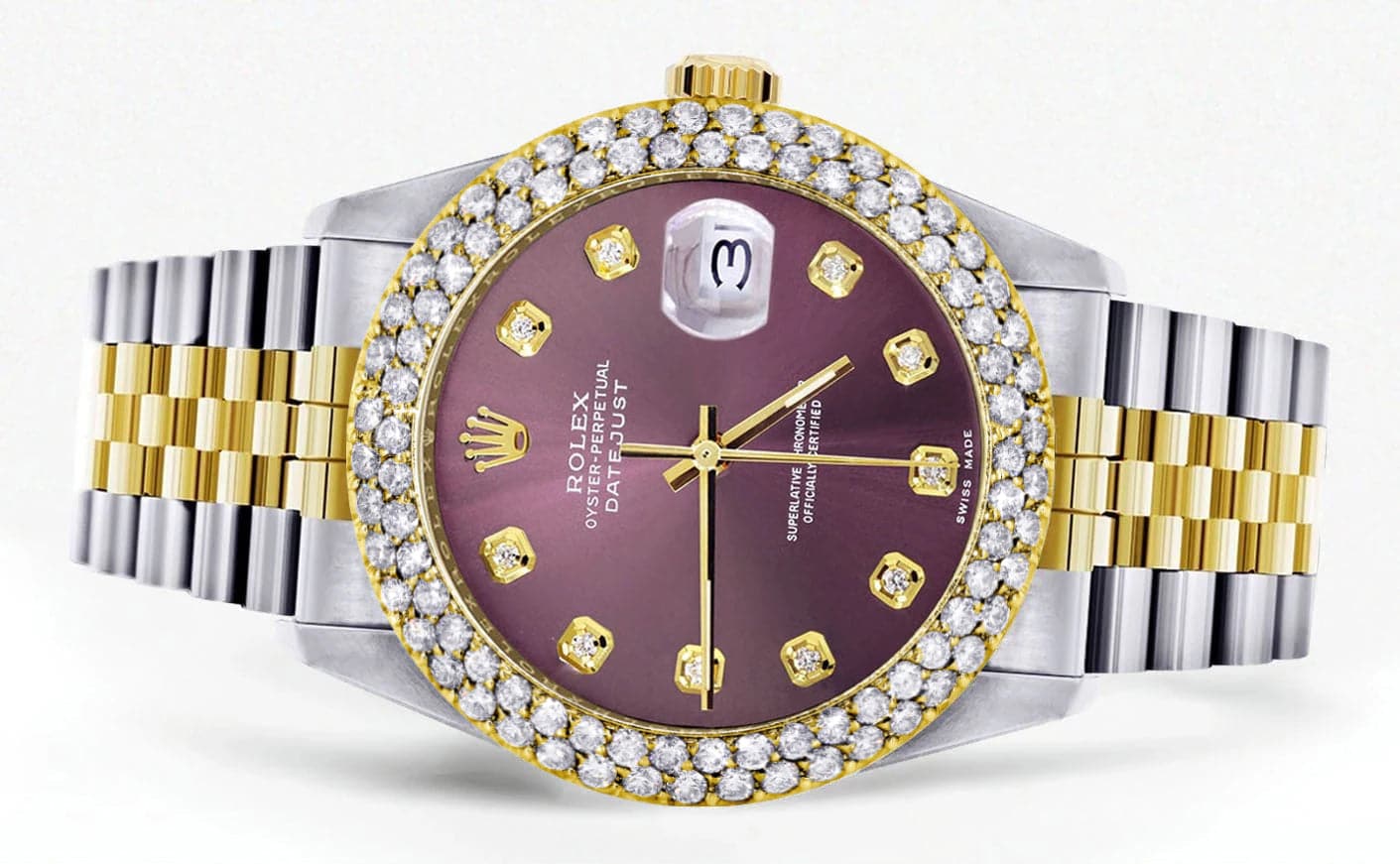 Diamond Gold Rolex Watch For Women 16233 | 36Mm | Custom Purple Dial | Two Row 4.25 Carat Bezel | Jubilee Band - Image 2