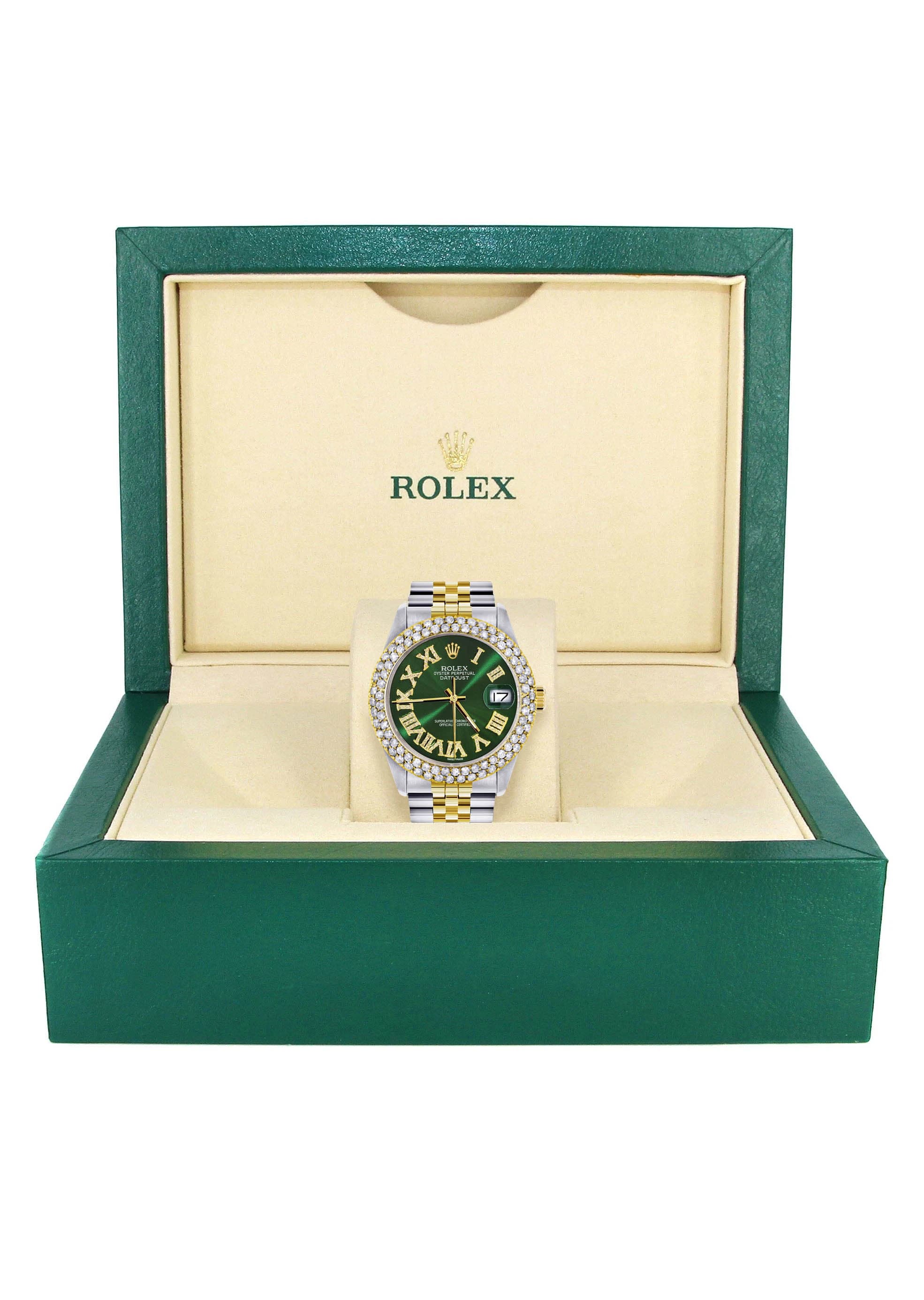 Diamond Gold Rolex Watch For Women 16233 | 36Mm | Green Roman Numeral Dial | Two Row 4.25 Carat Bezel | Jubilee Band - Image 5