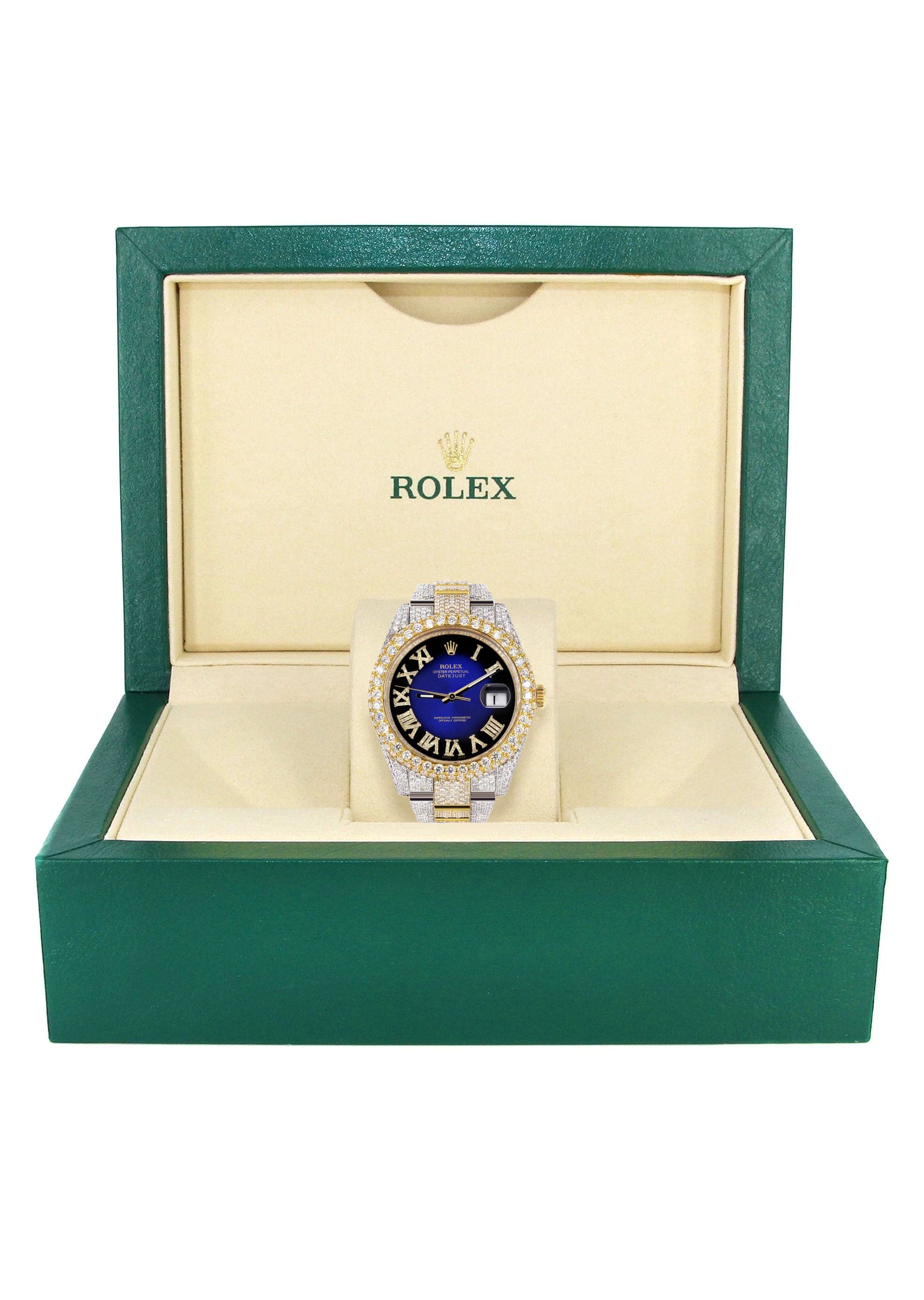 Diamond Iced Out Rolex Datejust 41 | 25 Carats Of Diamonds | Custom Blue Black Roman Numeral Diamond Dial | Two Tone | Two Row | Oyster Band - Image 6
