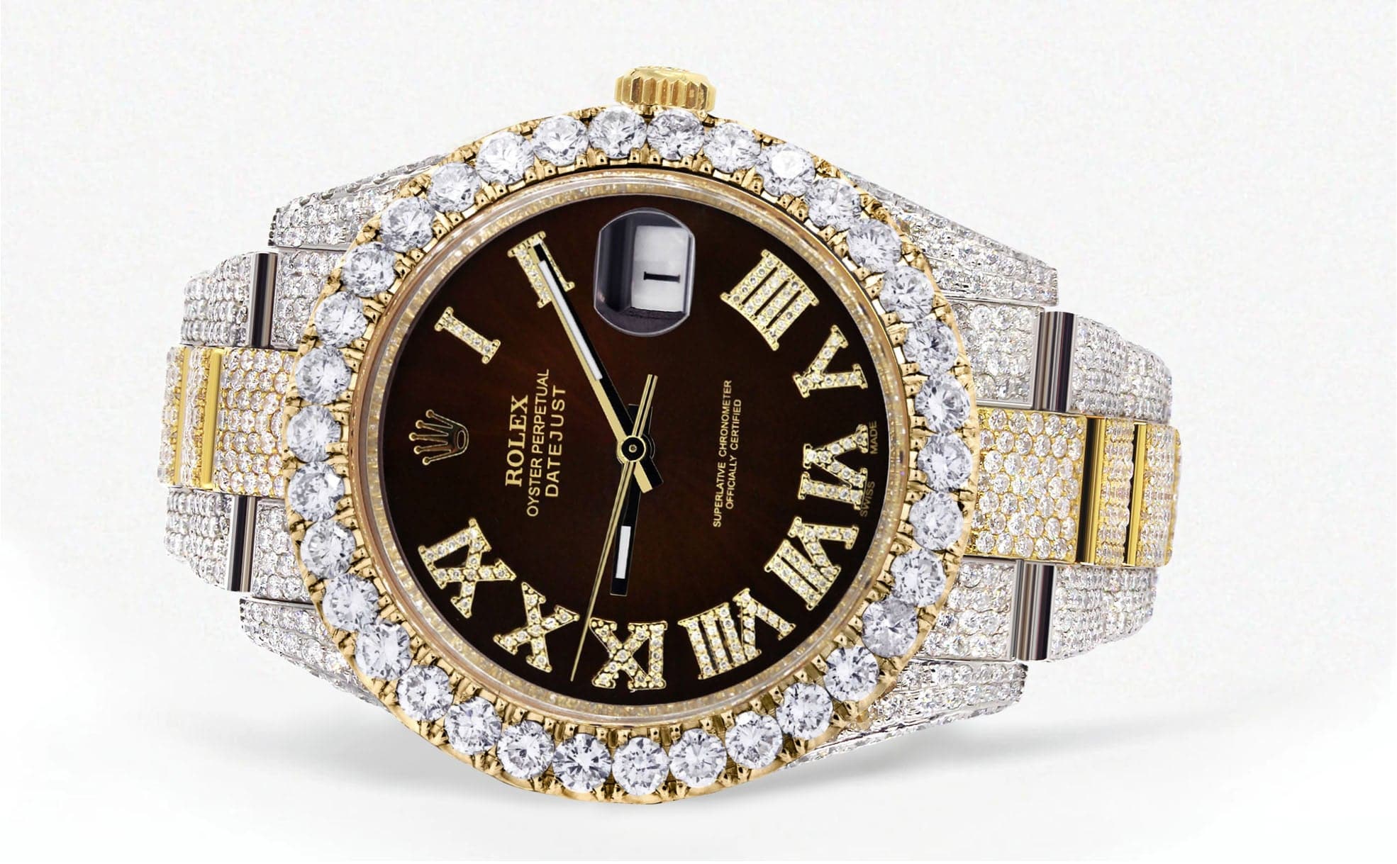 Diamond Iced Out Rolex Datejust 41 | 25 Carats Of Diamonds | Custom Dark Brown Roman Numeral Diamond Dial | Two Tone | Oyster Band - Image 2