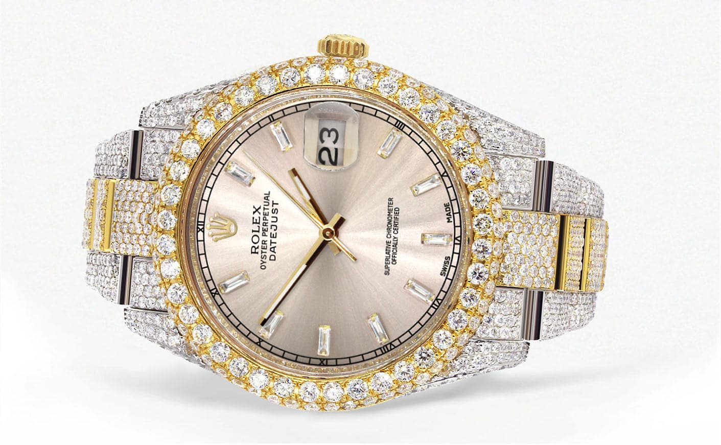 Diamond Iced Out Rolex Datejust 41 | 25 Carats Of Diamonds | Custom Dawn Pink Dial | Two Tone | Two Row | Oyster Band - Image 2