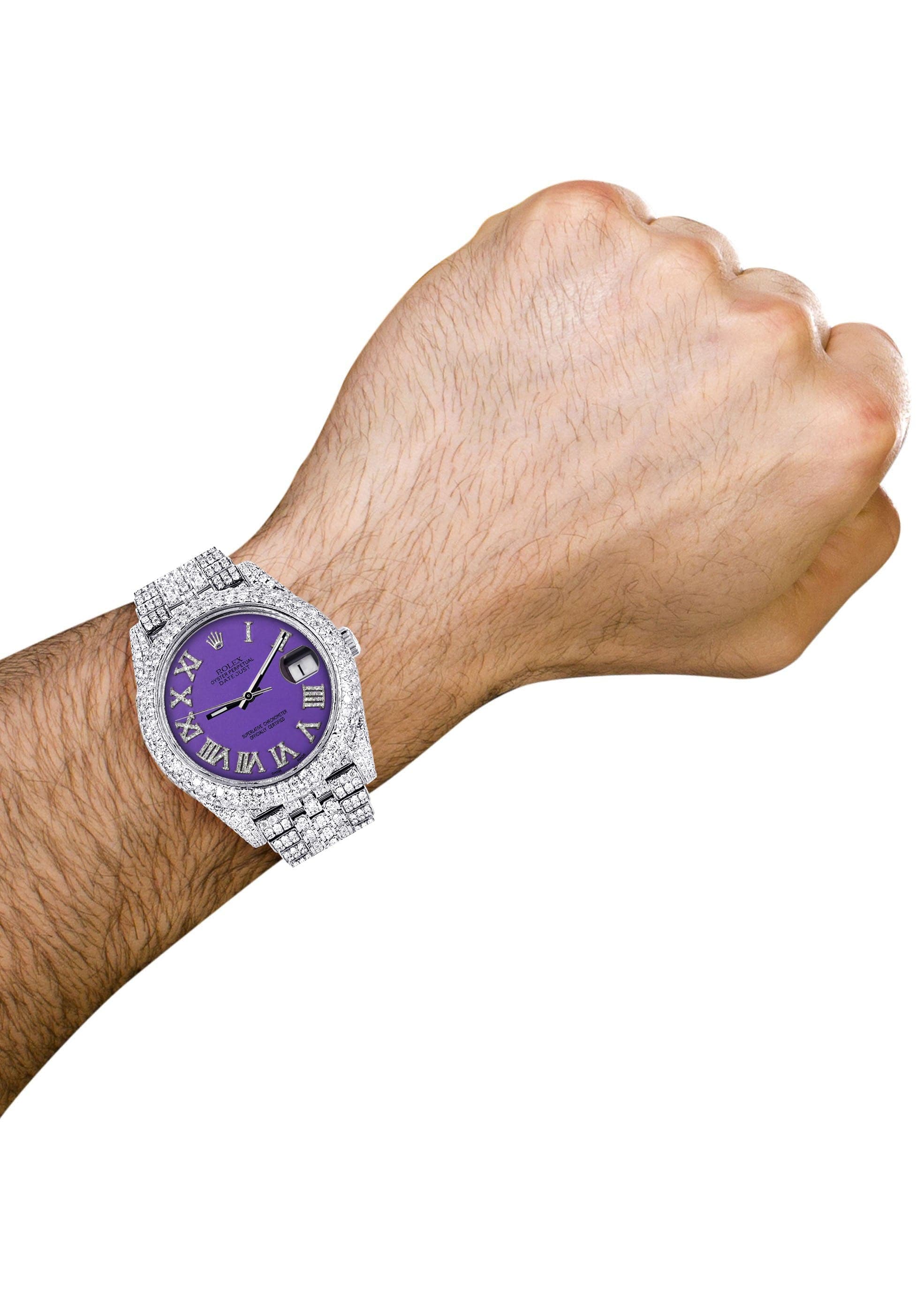 Diamond Iced Out Rolex Datejust 41 | 25 Carats Of Diamonds | Custom Purple Roman Numeral Diamond Dial | Two Row | Jubilee Band - Image 3