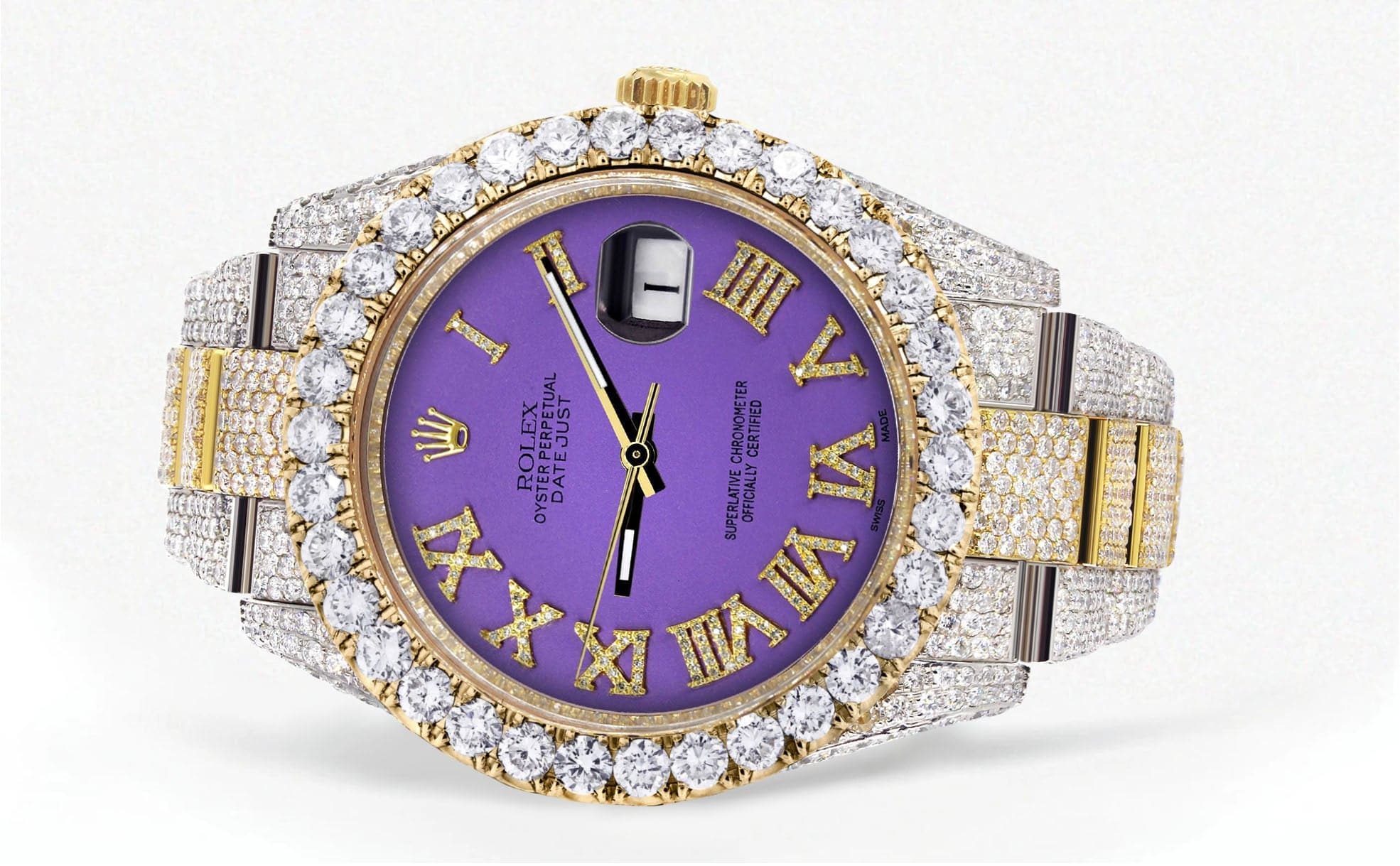 Diamond Iced Out Rolex Datejust 41 | 25 Carats Of Diamonds | Custom Purple Roman Numeral Diamond Dial | Two Tone | Oyster Band - Image 2