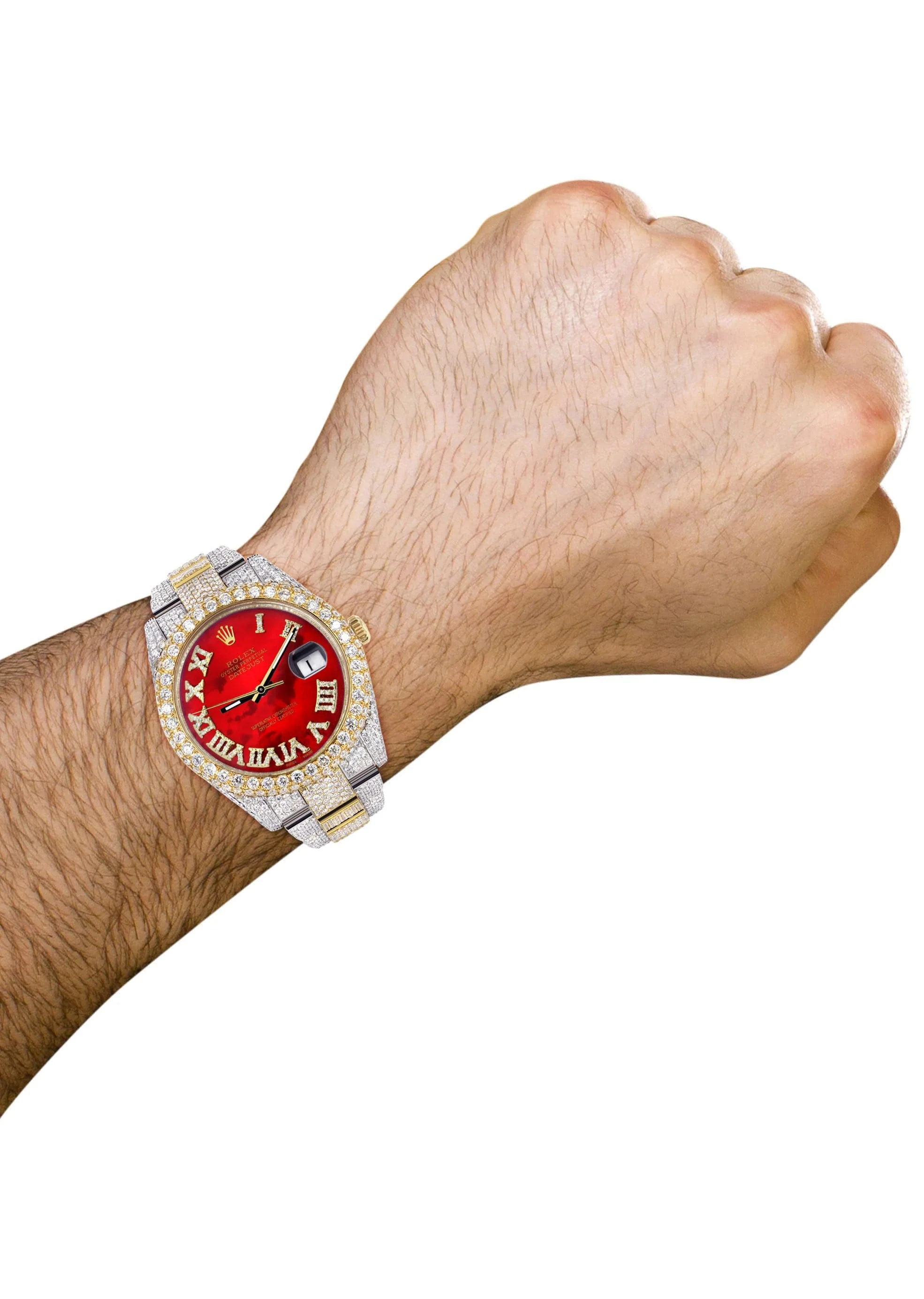 Diamond Iced Out Rolex Datejust 41 | 25 Carats Of Diamonds | Custom Red Mother of Pearl Roman Numeral Diamond Dial | Two Tone | Two Row | Oyster Band - Image 3