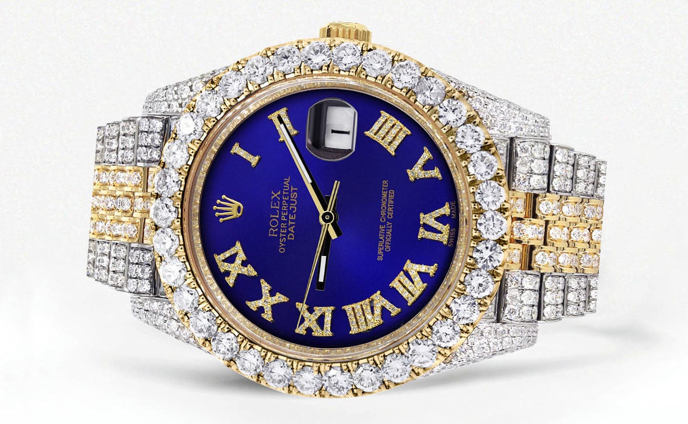 Diamond Iced Out Rolex Datejust 41 | 25 Carats Of Diamonds | Custom Royal Blue Roman Numeral Diamond Dial | Two Tone | Jubilee Band - Image 2