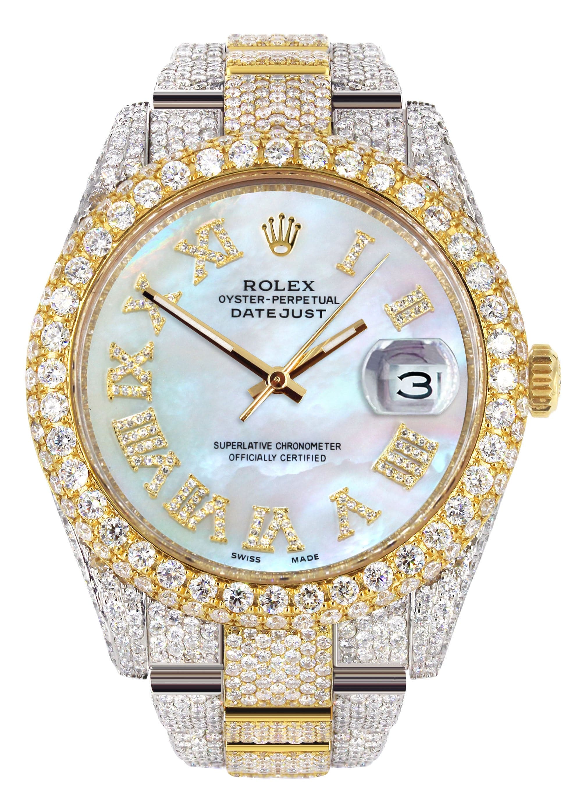 Diamond Iced Out Rolex Datejust 41 | 25 Carats Of Diamonds | Mother of Pearl Roman Numeral Dial | Two Tone | Two Row | Oyster Band