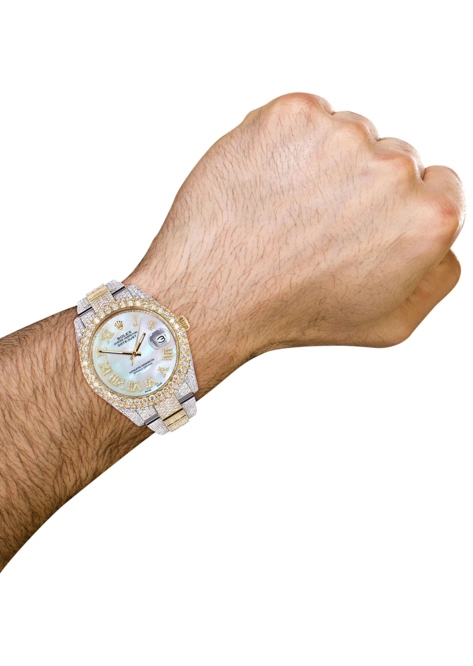 Diamond Iced Out Rolex Datejust 41 | 25 Carats Of Diamonds | Mother of Pearl Roman Numeral Dial | Two Tone | Two Row | Oyster Band - Image 3