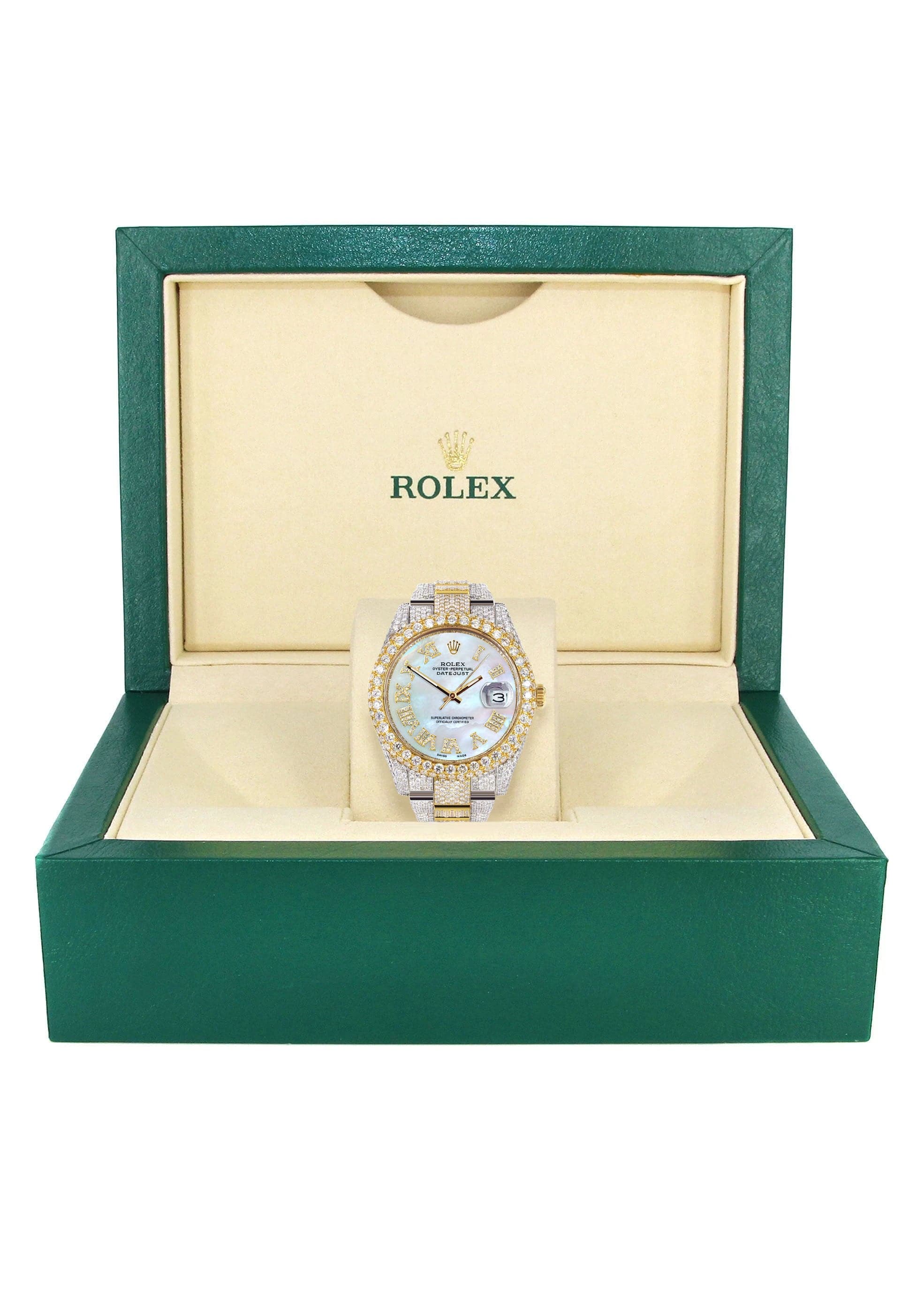 Diamond Iced Out Rolex Datejust 41 | 25 Carats Of Diamonds | Mother of Pearl Roman Numeral Dial | Two Tone | Two Row | Oyster Band - Image 6
