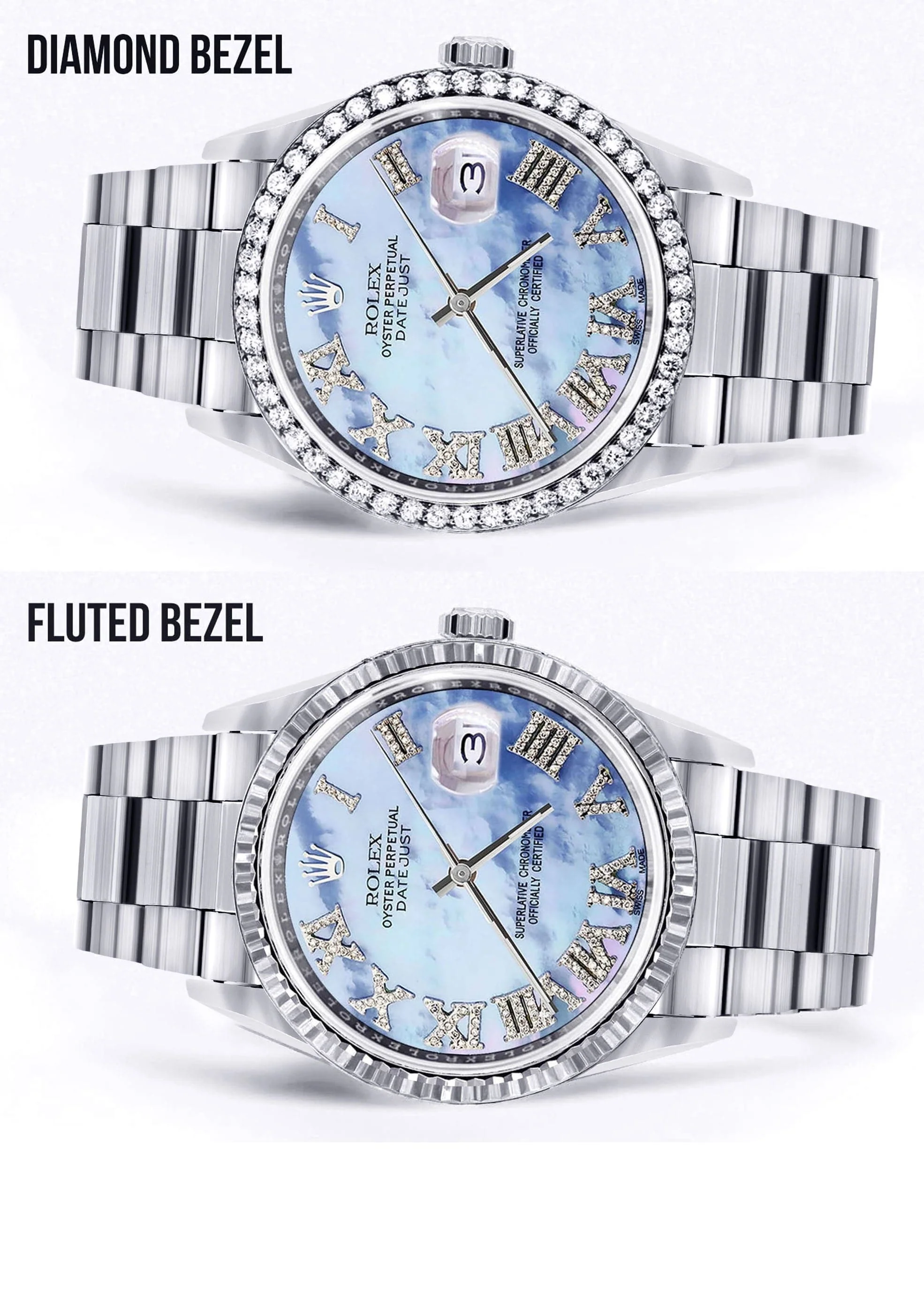 Diamond Mens Rolex Datejust Watch 16200 | 36Mm | Blue Mother Of Pearl Roman Numeral Dial | Oyster Band - Image 2