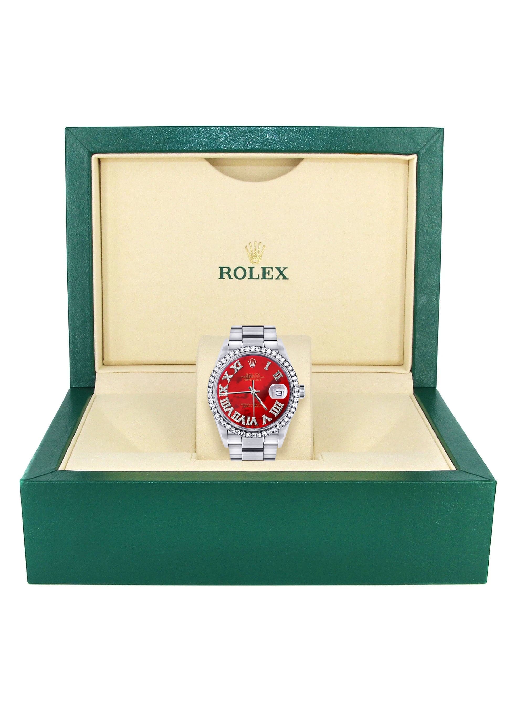 Diamond Mens Rolex Datejust Watch 16200 | 36Mm | Diamond Red Mother Of Pearl Roman Numeral Dial | Oyster Band - Image 7